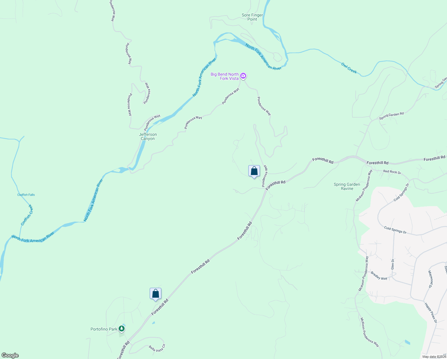 map of restaurants, bars, coffee shops, grocery stores, and more near 5588 Pine Ridge Road in Foresthill