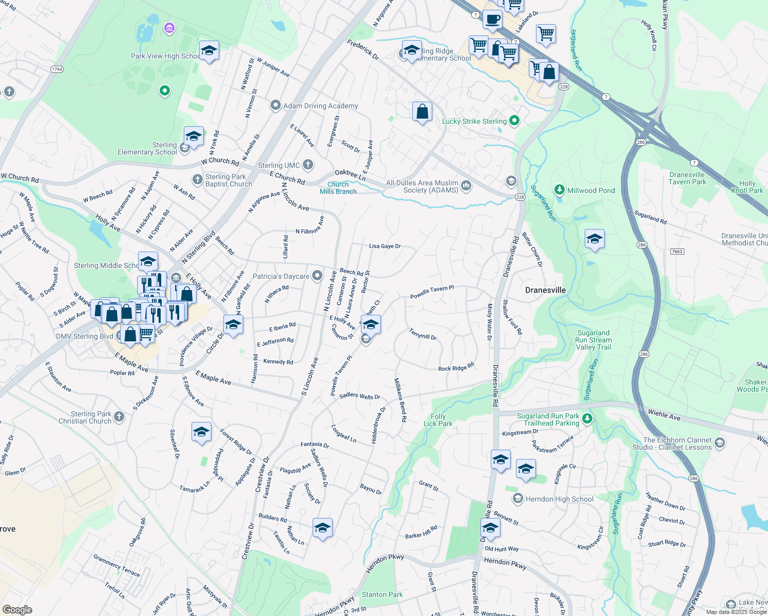 map of restaurants, bars, coffee shops, grocery stores, and more near 1478 Powells Tavern Place in Herndon