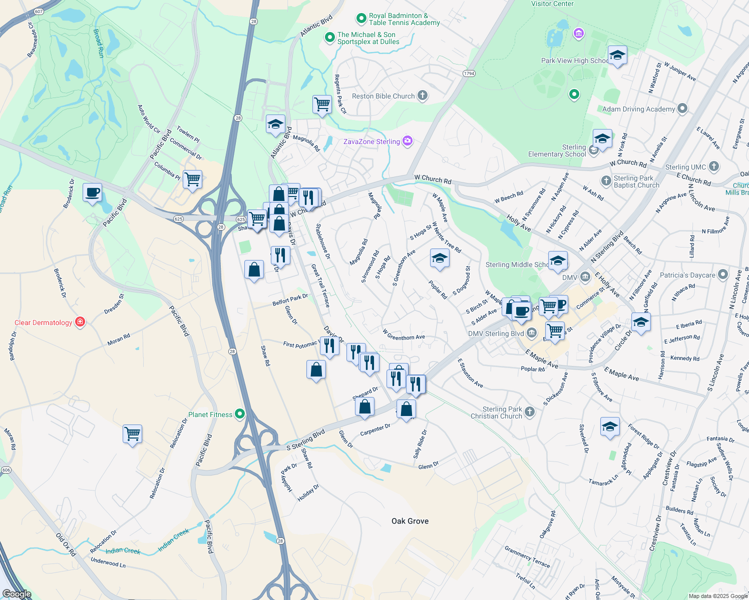 map of restaurants, bars, coffee shops, grocery stores, and more near 1049 South Ironwood Road in Sterling