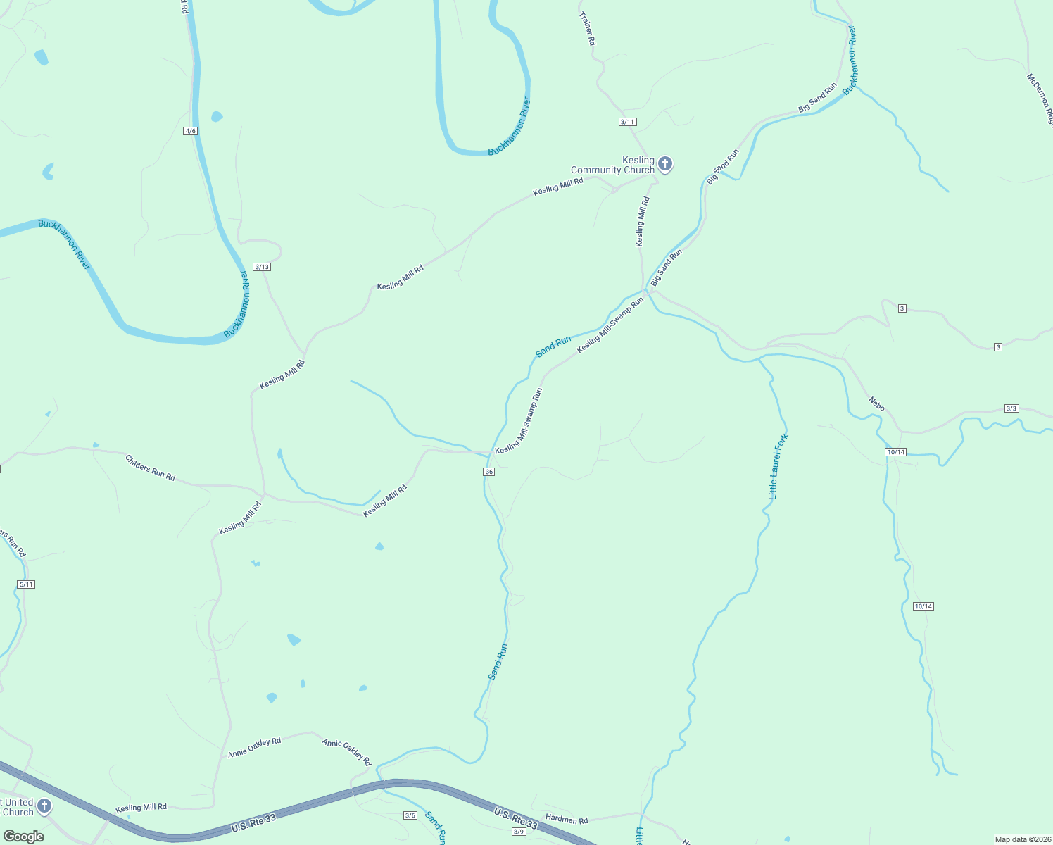 map of restaurants, bars, coffee shops, grocery stores, and more near 2489 Kesling Mill Road in Buckhannon