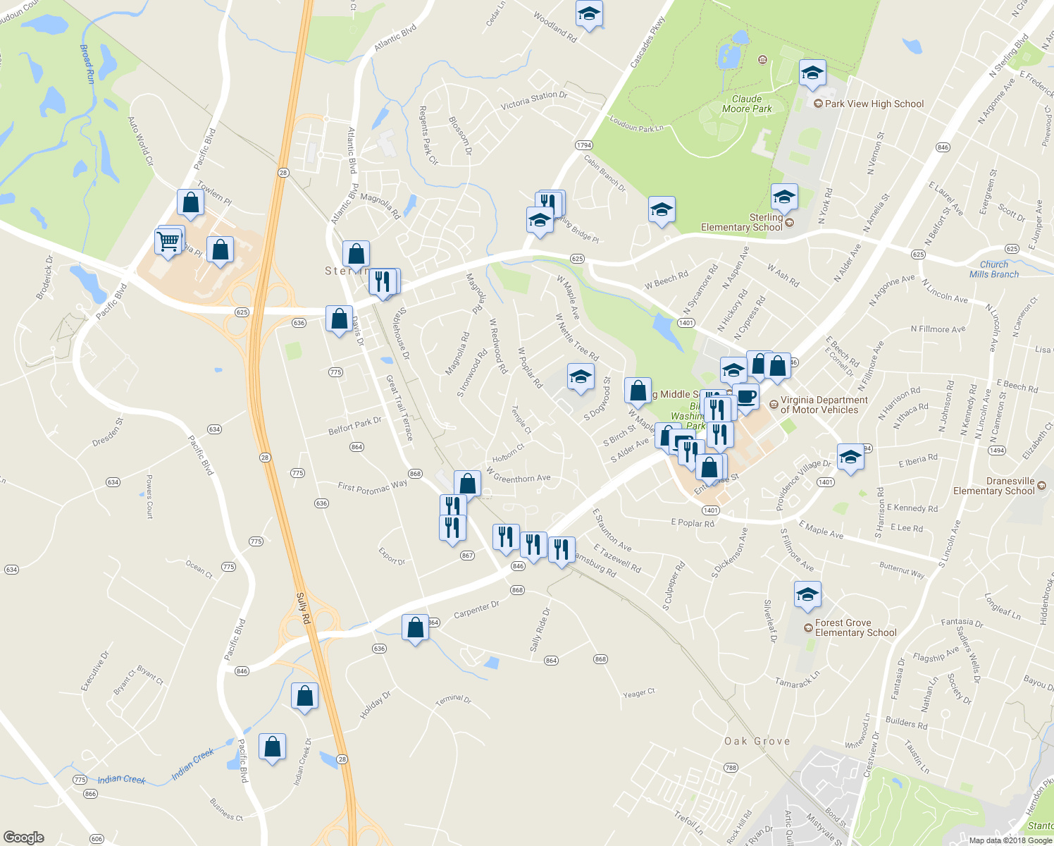map of restaurants, bars, coffee shops, grocery stores, and more near 1081 Tottenham Court in Sterling