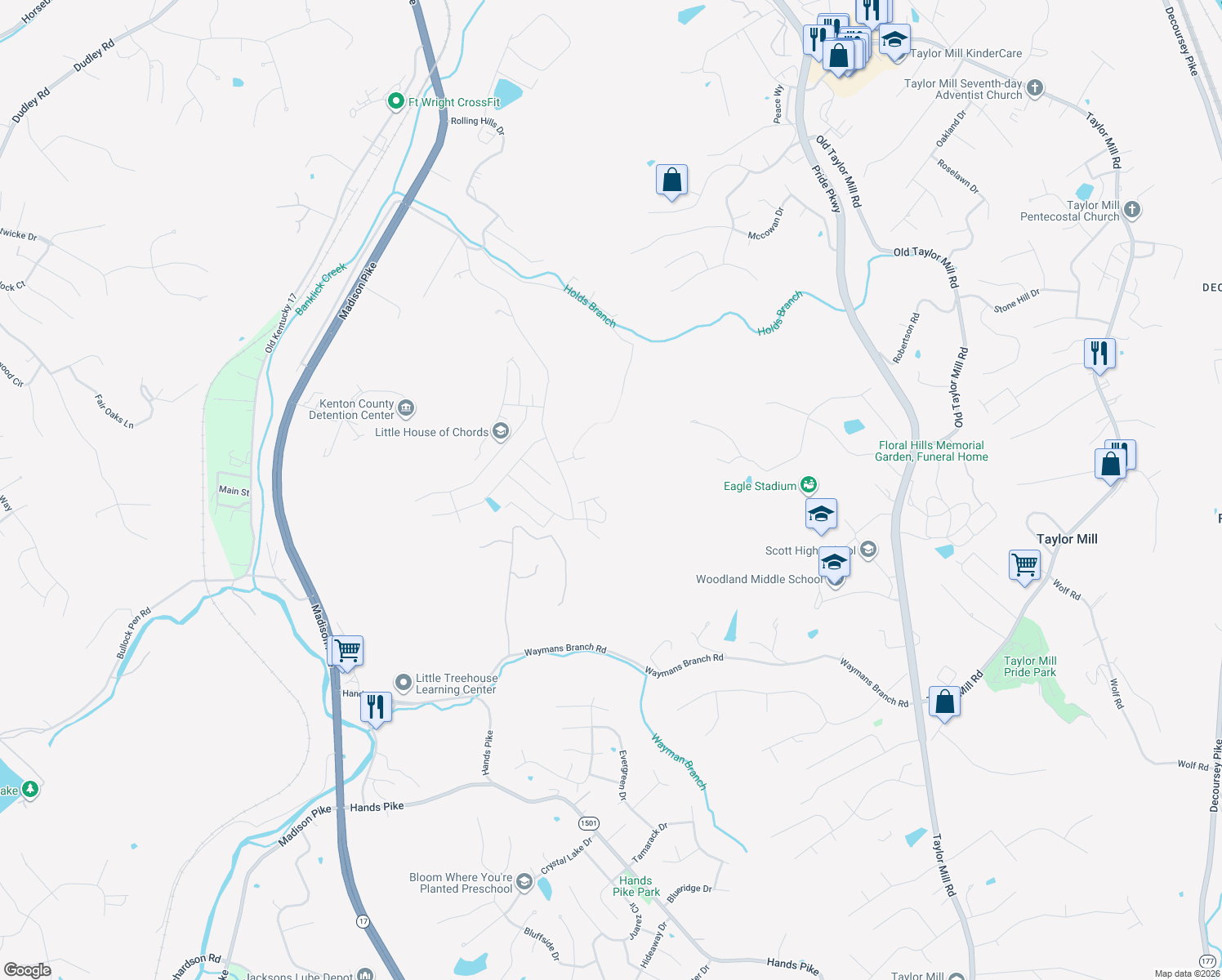 map of restaurants, bars, coffee shops, grocery stores, and more near 2584 Holdsbranch Road in Covington