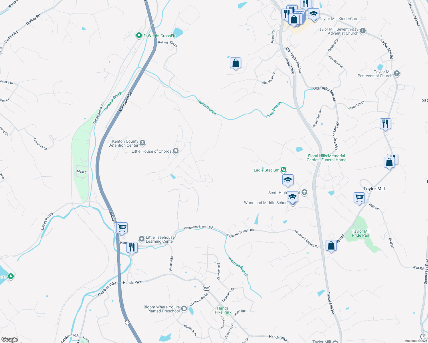 map of restaurants, bars, coffee shops, grocery stores, and more near 2584 Holdsbranch Road in Covington
