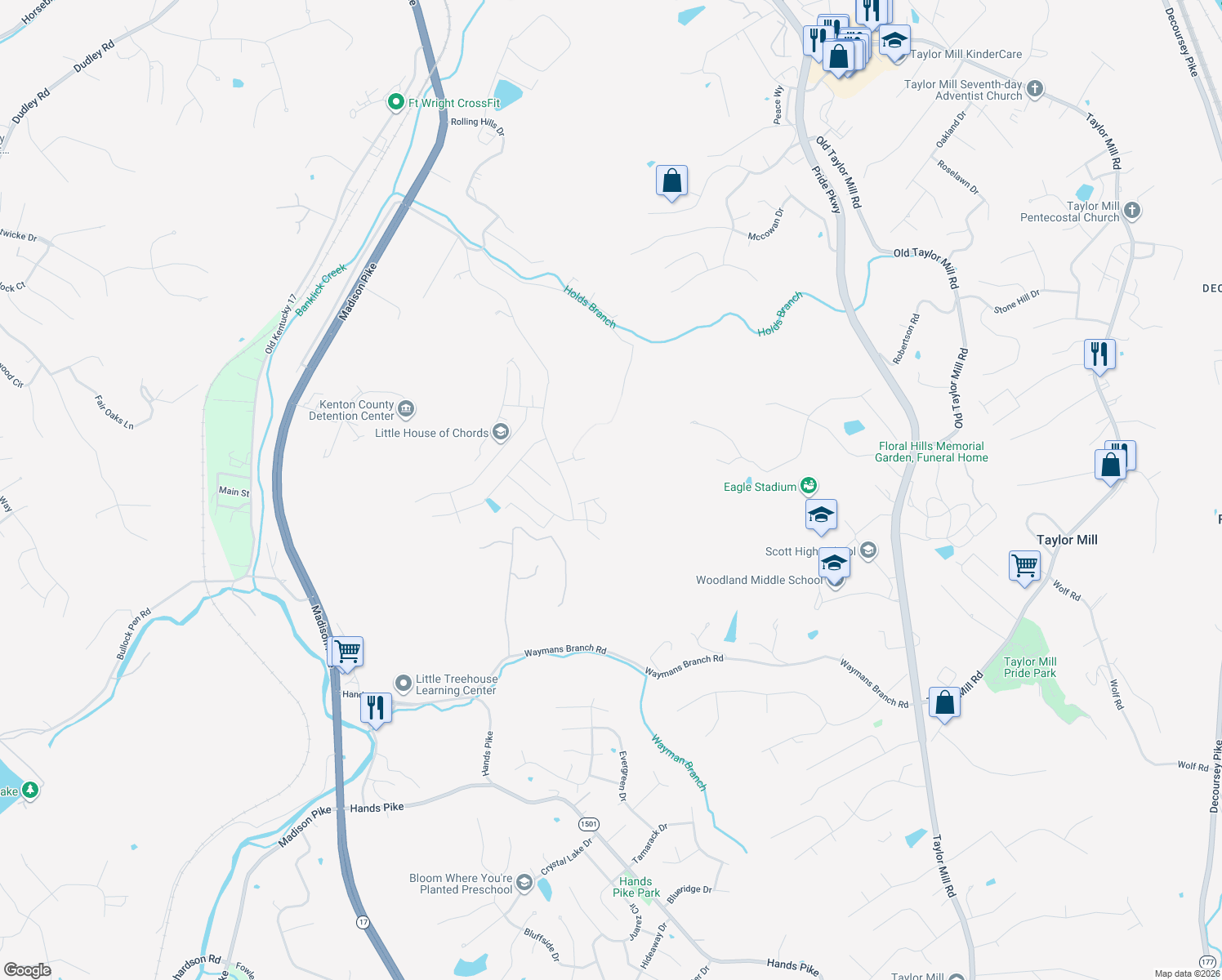 map of restaurants, bars, coffee shops, grocery stores, and more near 2584 Holdsbranch Road in Covington