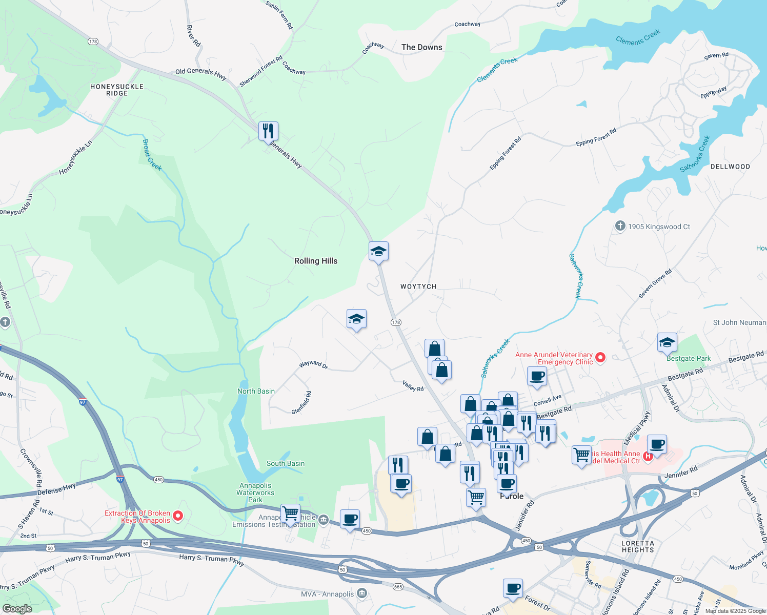 map of restaurants, bars, coffee shops, grocery stores, and more near 1894 Generals Hwy in Annapolis