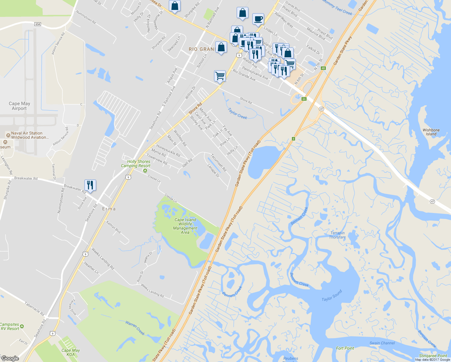 map of restaurants, bars, coffee shops, grocery stores, and more near 981 Lenape Drive in Cape May