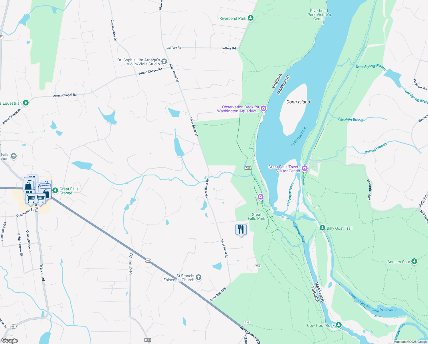 map of restaurants, bars, coffee shops, grocery stores, and more near 509 River Bend Road in Great Falls