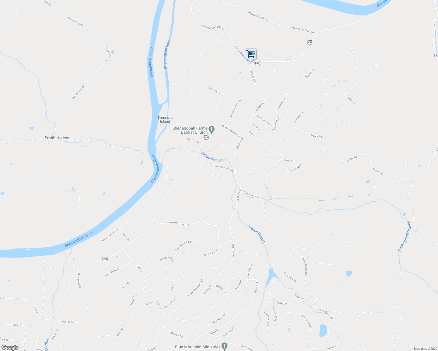 map of restaurants, bars, coffee shops, grocery stores, and more near Thompson Mill Road in Front Royal
