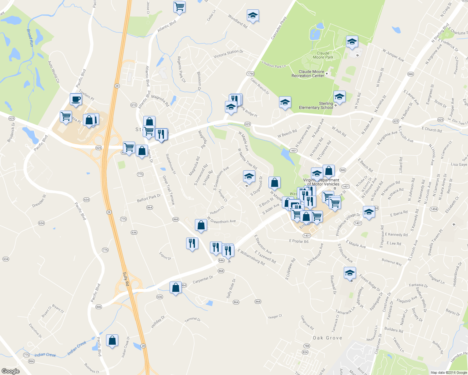 map of restaurants, bars, coffee shops, grocery stores, and more near 605 West Poplar Road in Sterling