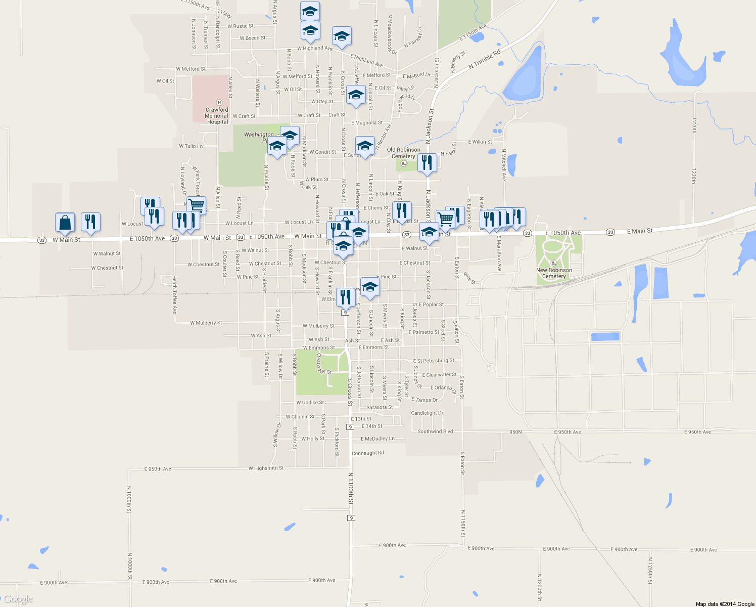 map of restaurants, bars, coffee shops, grocery stores, and more near 599 South Webster Street in Robinson