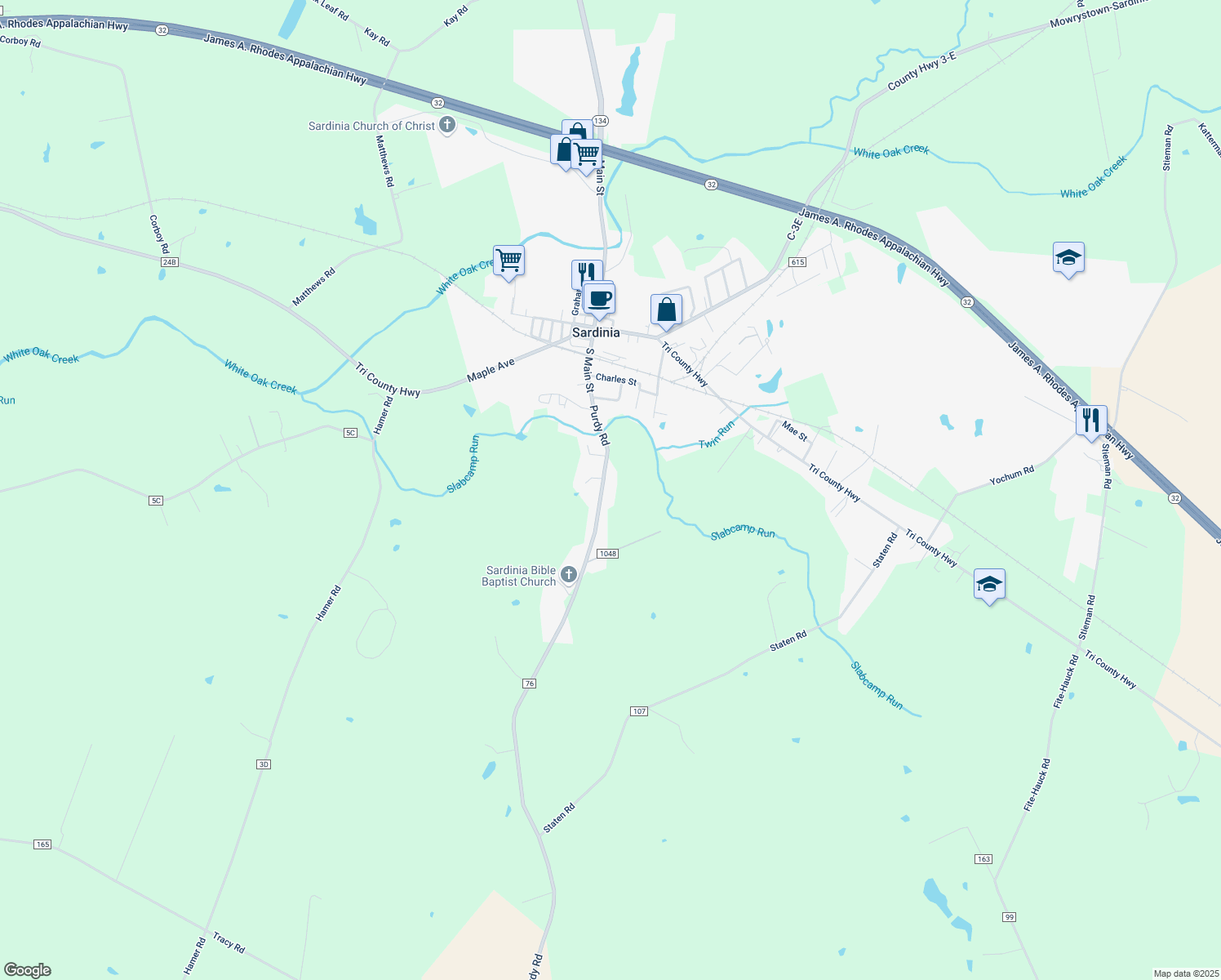 map of restaurants, bars, coffee shops, grocery stores, and more near 13188 Purdy Road in Sardinia