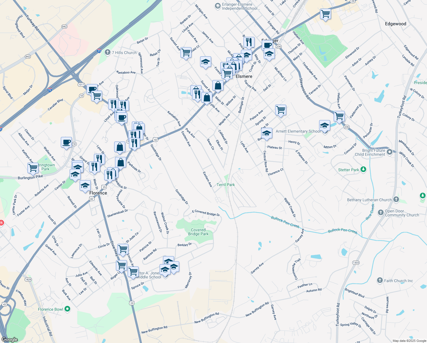 map of restaurants, bars, coffee shops, grocery stores, and more near 92 Park Avenue in Elsmere