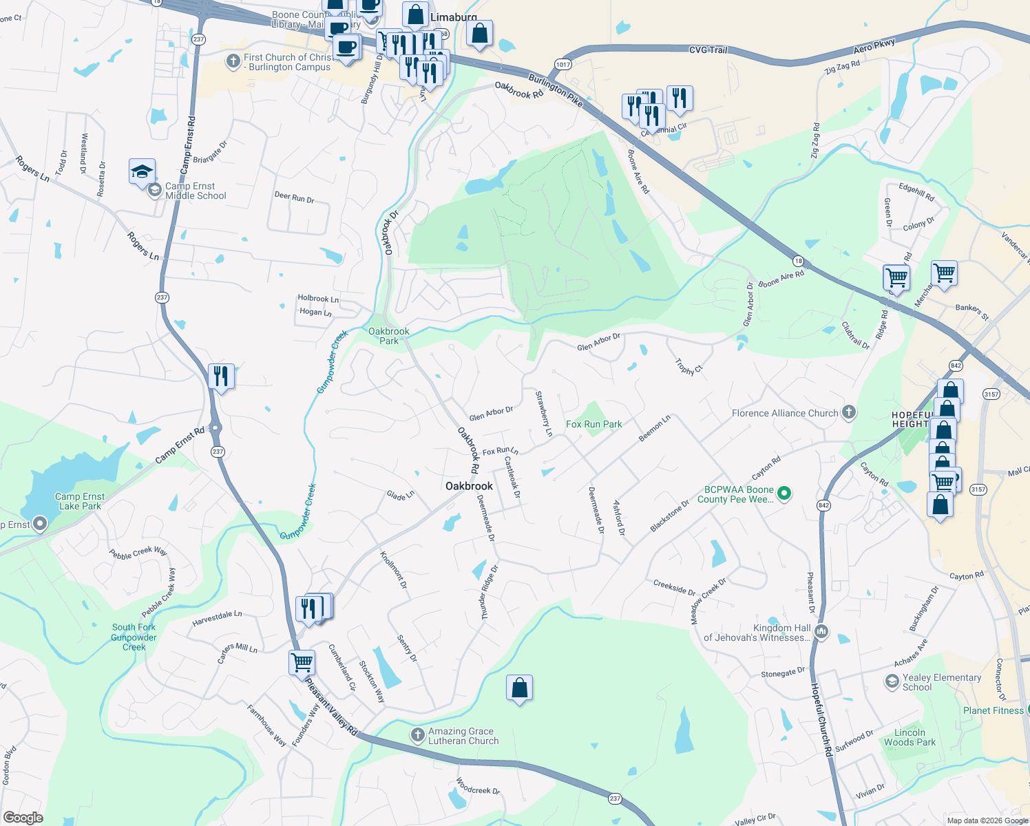 map of restaurants, bars, coffee shops, grocery stores, and more near 6863 Glen Arbor Dr in Florence