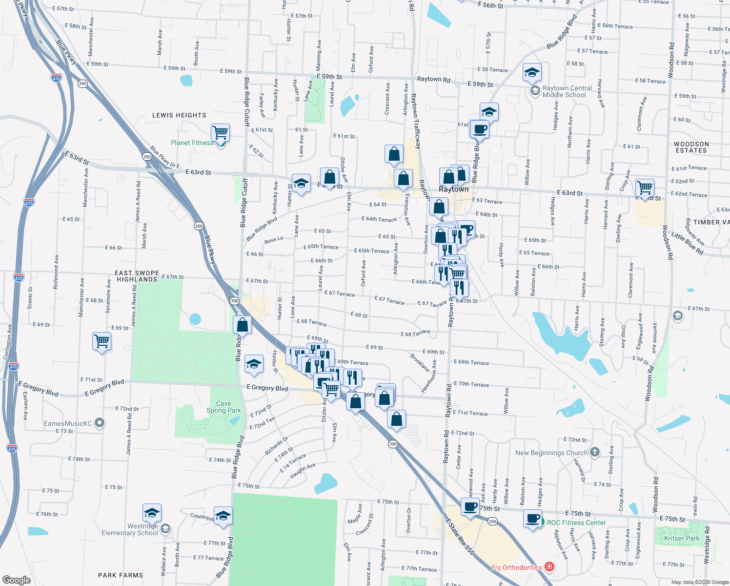 map of restaurants, bars, coffee shops, grocery stores, and more near 9354 East 67 Terrace in Raytown