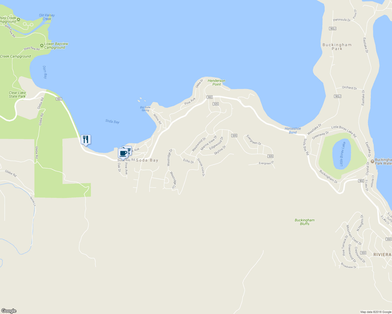 map of restaurants, bars, coffee shops, grocery stores, and more near 3408 Marina View Drive in Kelseyville