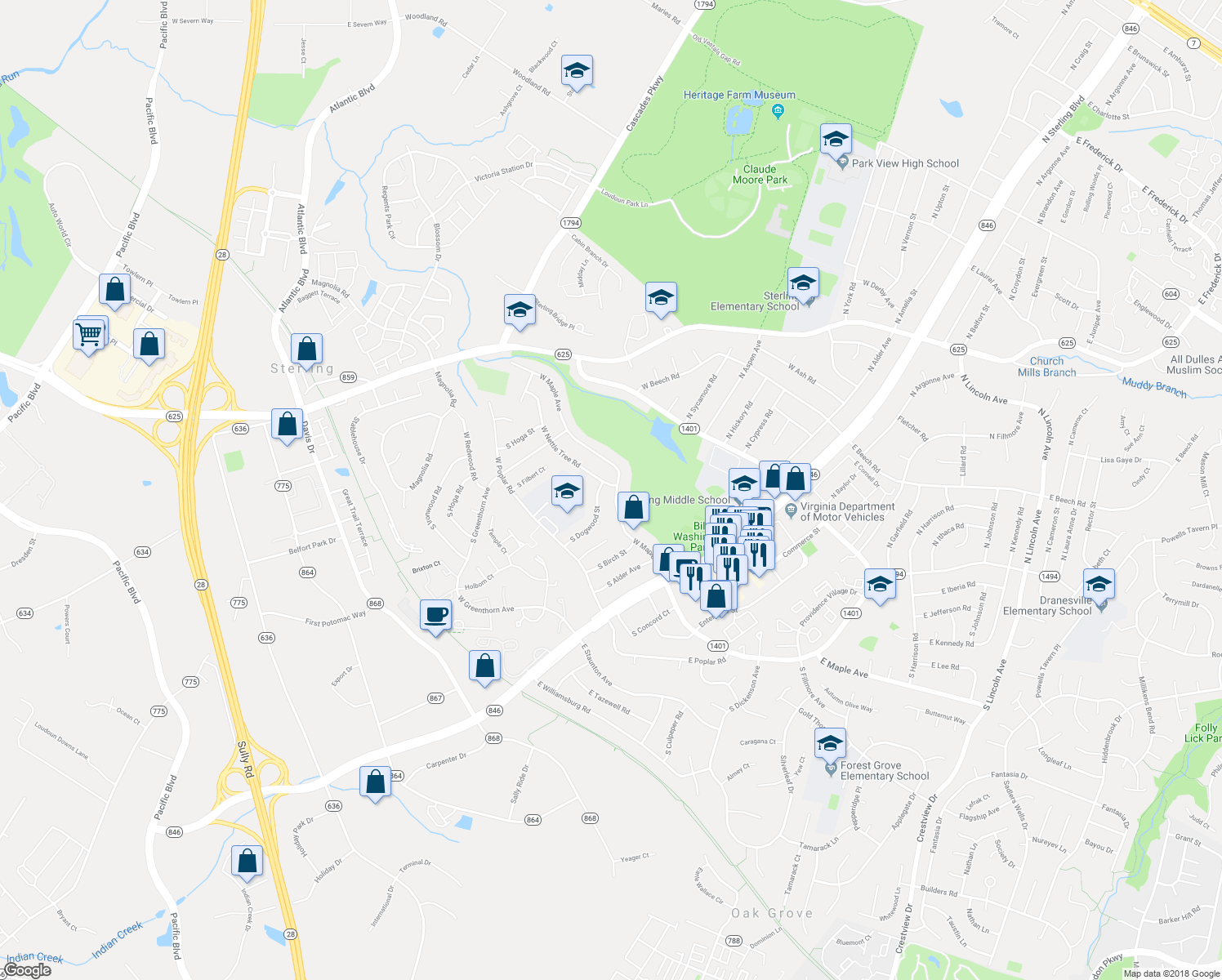 map of restaurants, bars, coffee shops, grocery stores, and more near 501 West Nettle Tree Road in Sterling