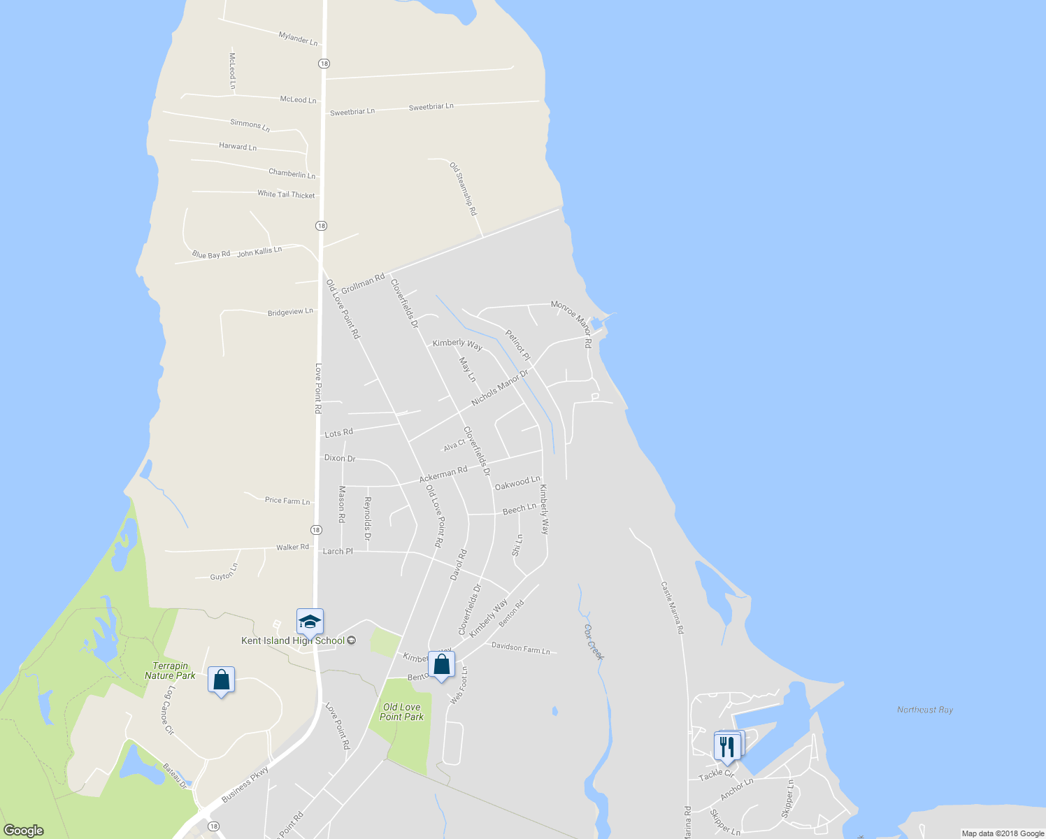 map of restaurants, bars, coffee shops, grocery stores, and more near 6 Kimberly Court in Stevensville