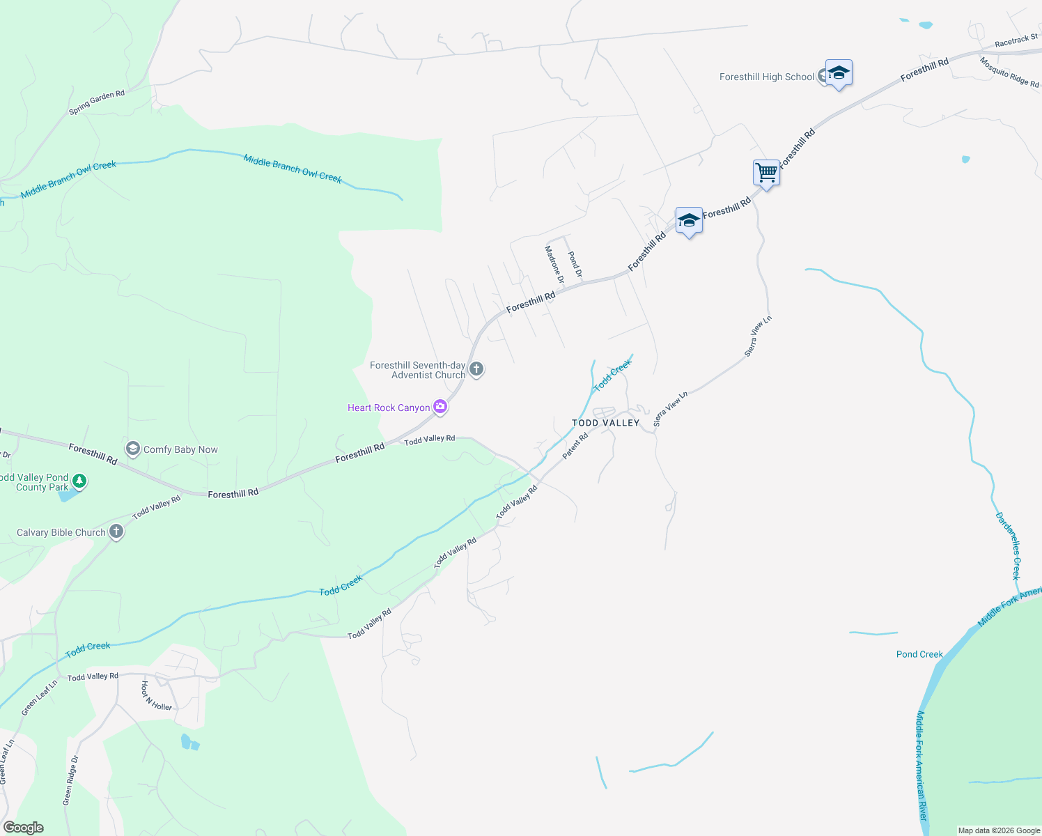 map of restaurants, bars, coffee shops, grocery stores, and more near 22270 Todd Valley Road in Foresthill