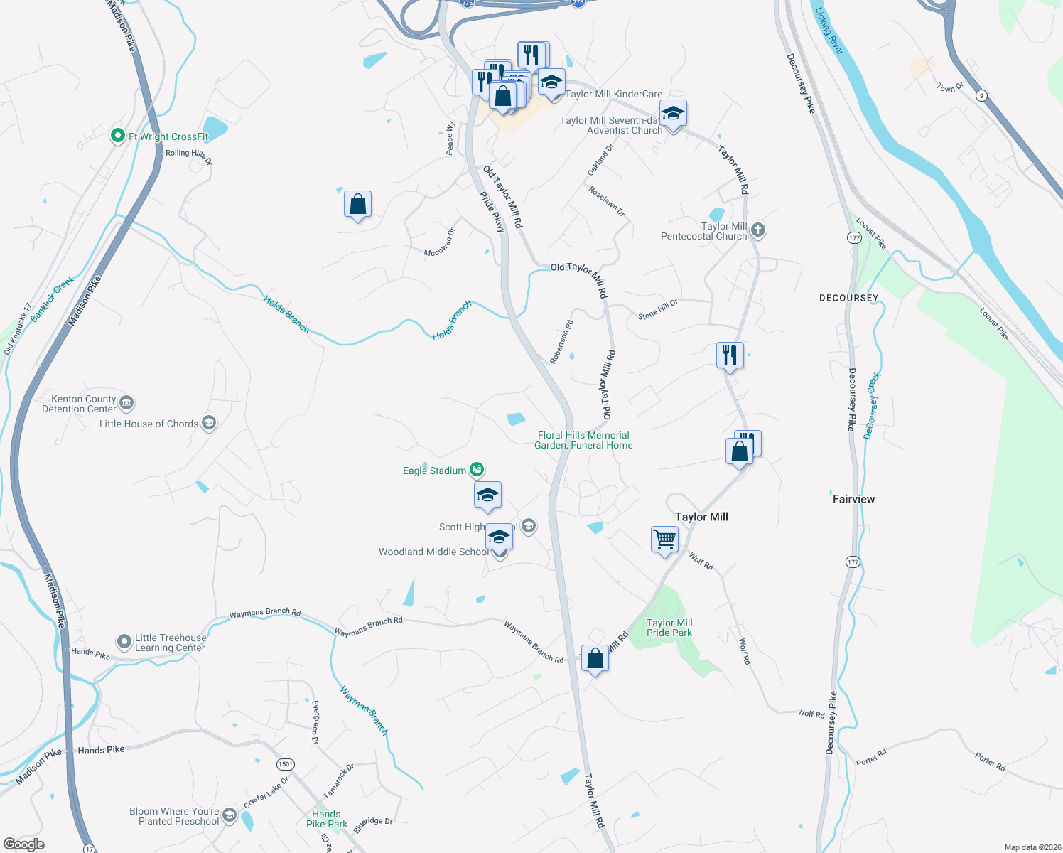 map of restaurants, bars, coffee shops, grocery stores, and more near 730 Lakewood Dr in Taylor Mill