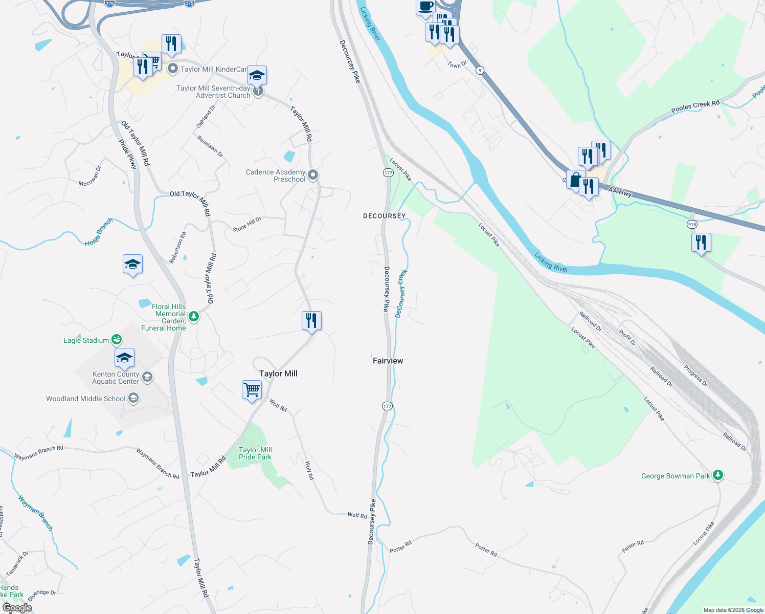 map of restaurants, bars, coffee shops, grocery stores, and more near 8434 Decoursey Pike in Covington