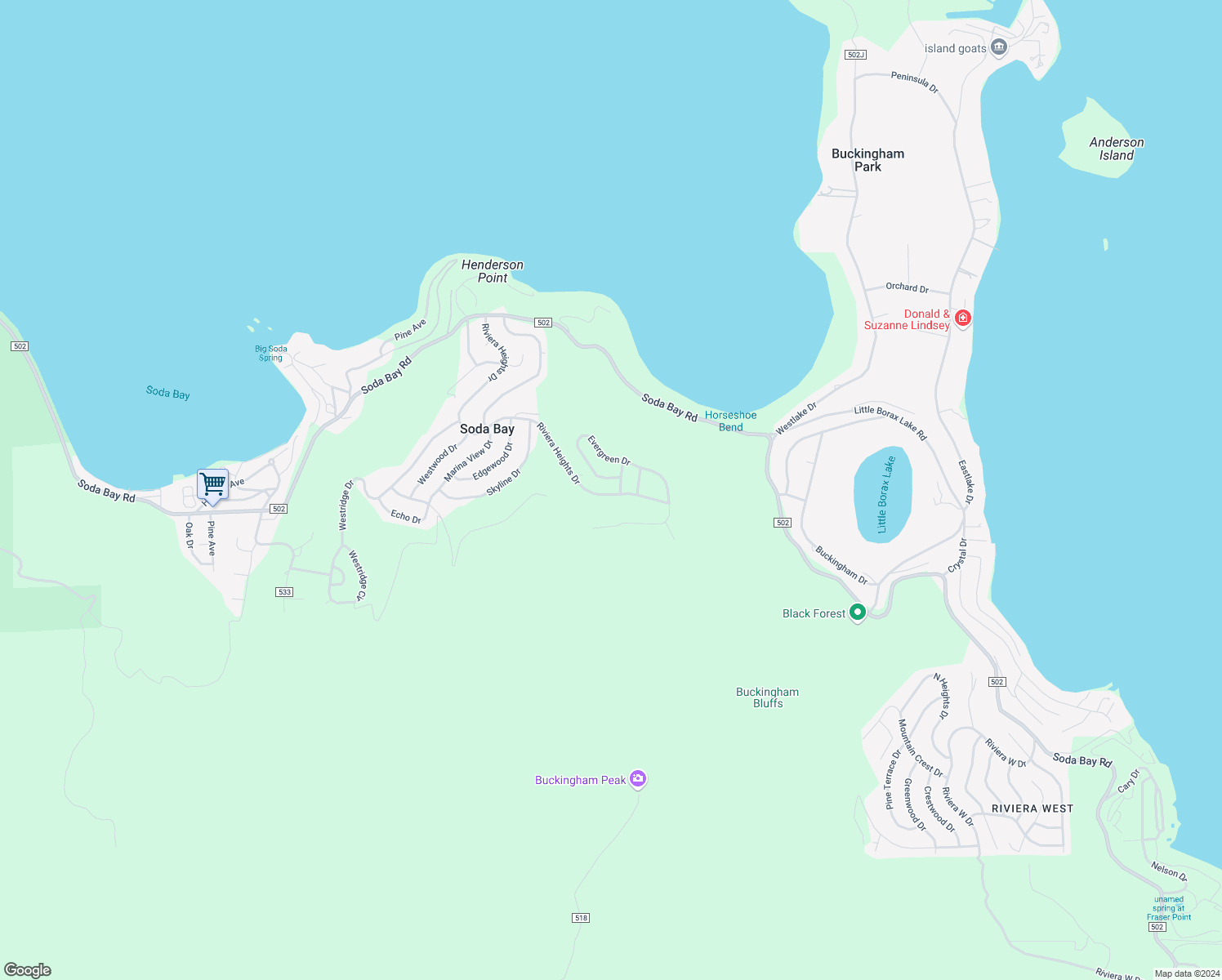 map of restaurants, bars, coffee shops, grocery stores, and more near 3092 Riviera Heights Drive in Kelseyville