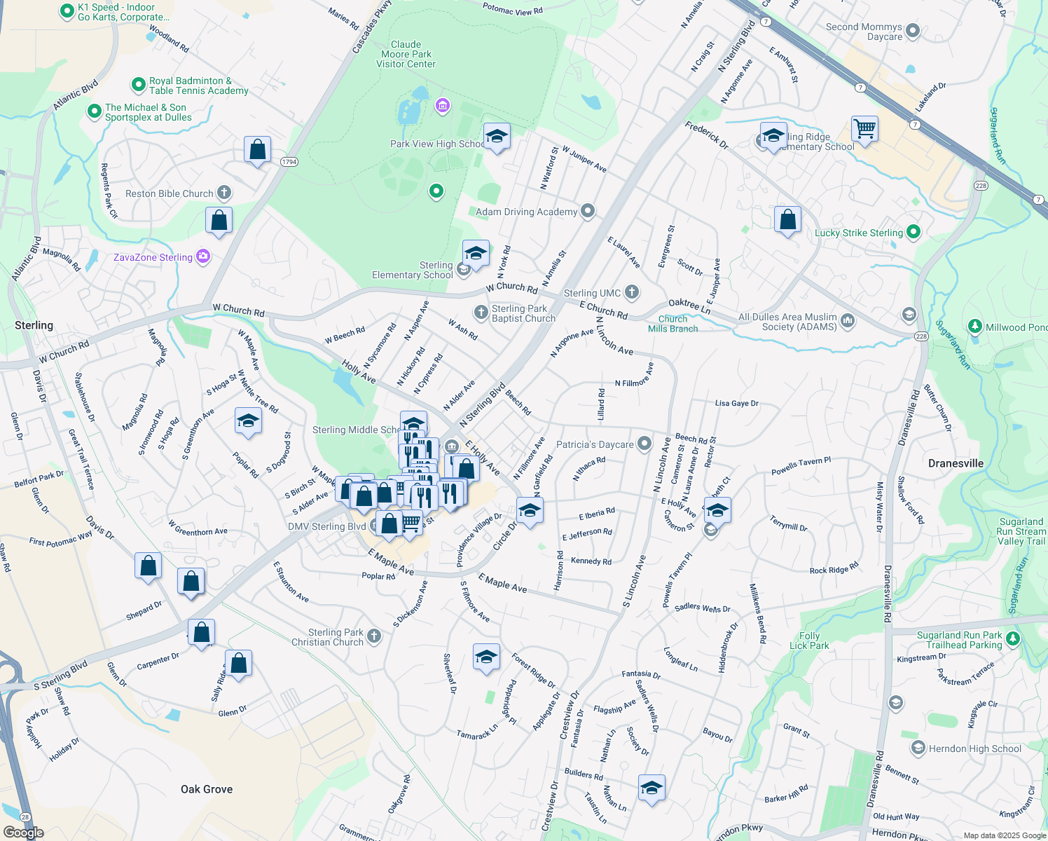 map of restaurants, bars, coffee shops, grocery stores, and more near 404 East Cornell Drive in Sterling