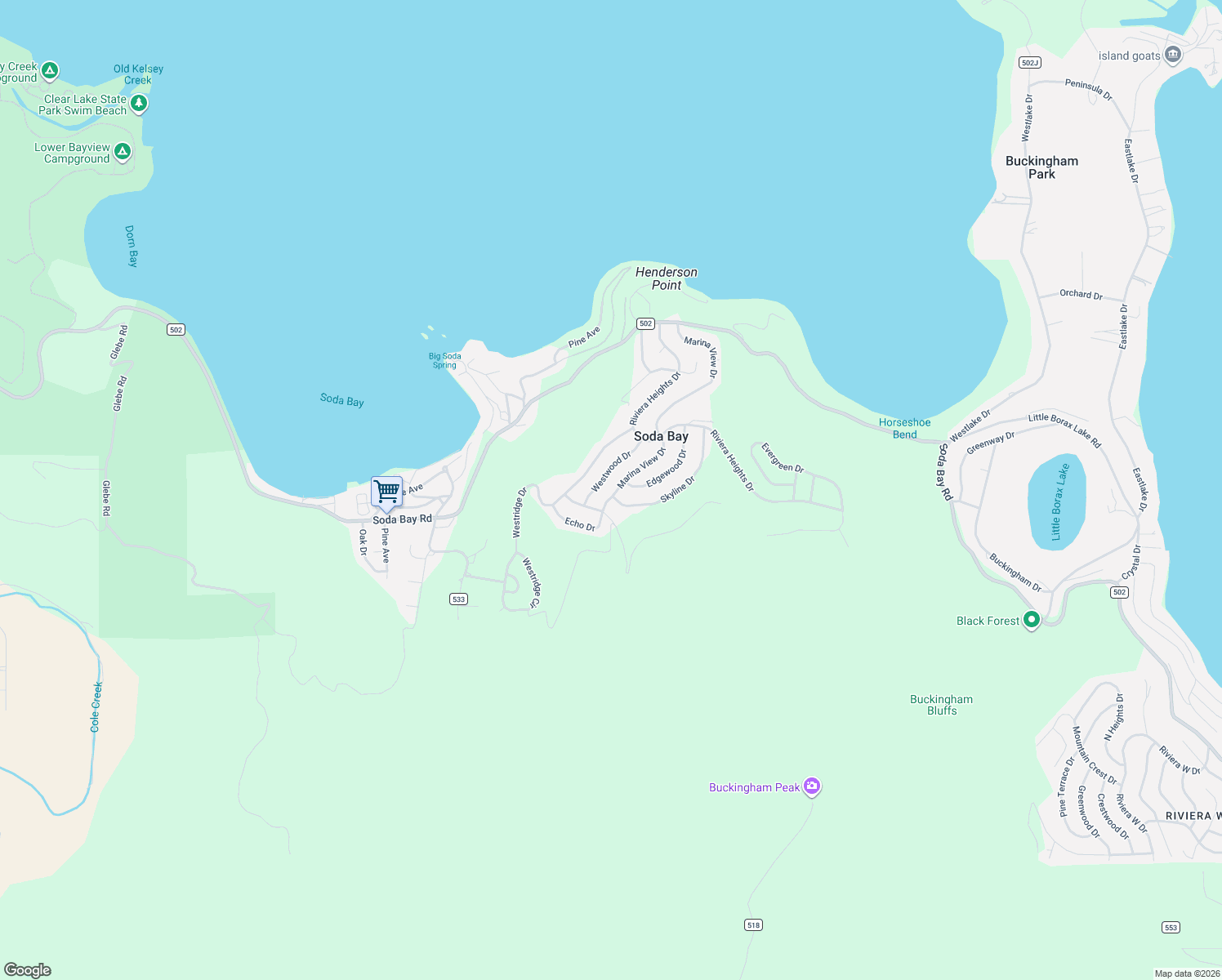 map of restaurants, bars, coffee shops, grocery stores, and more near 3170 Westwood Drive in Kelseyville