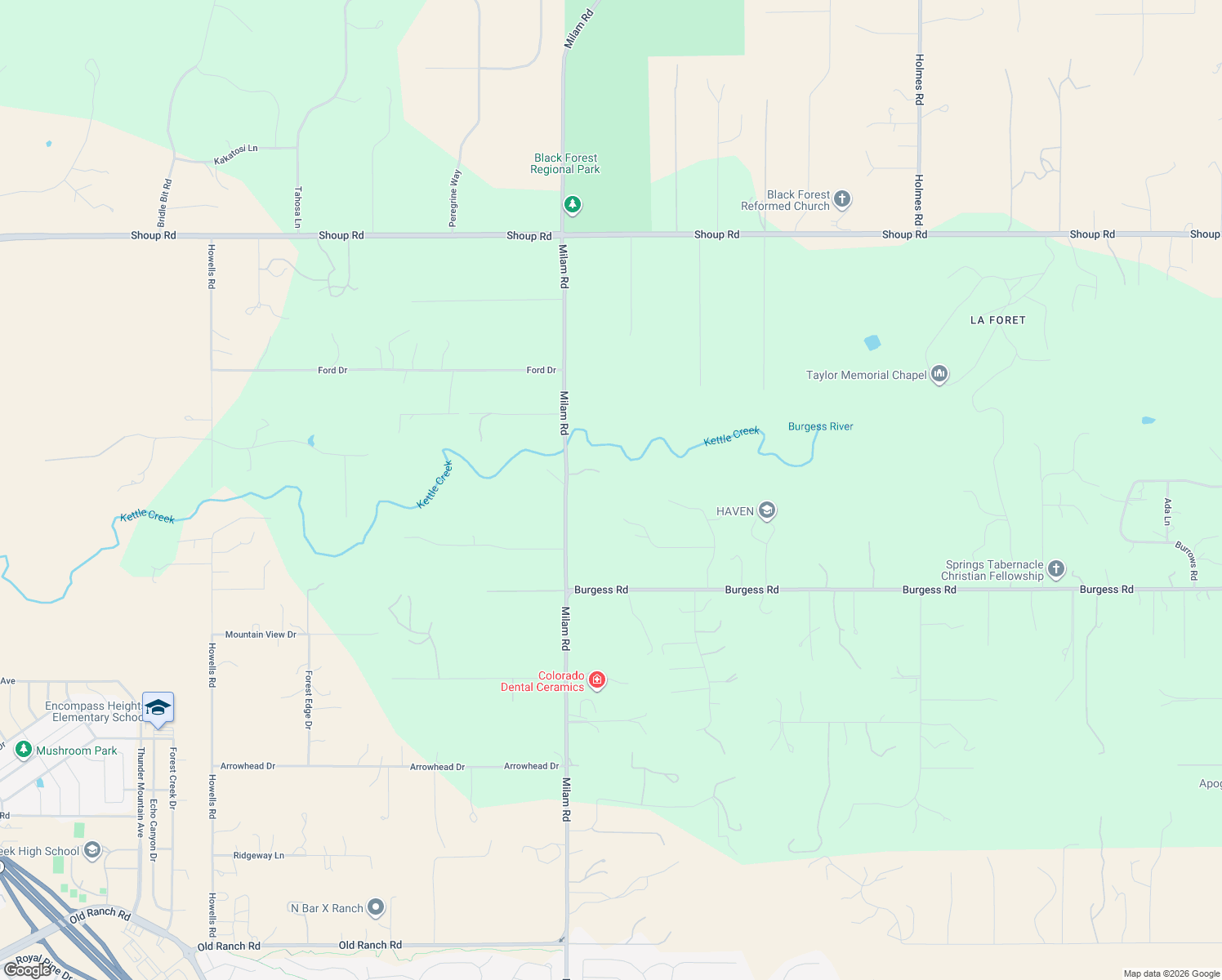 map of restaurants, bars, coffee shops, grocery stores, and more near 11785 Milam Road in Colorado Springs