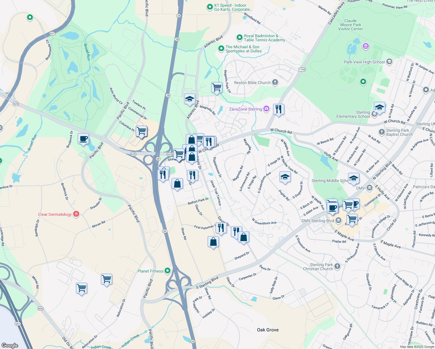 map of restaurants, bars, coffee shops, grocery stores, and more near 22236 Stablehouse Drive in Sterling