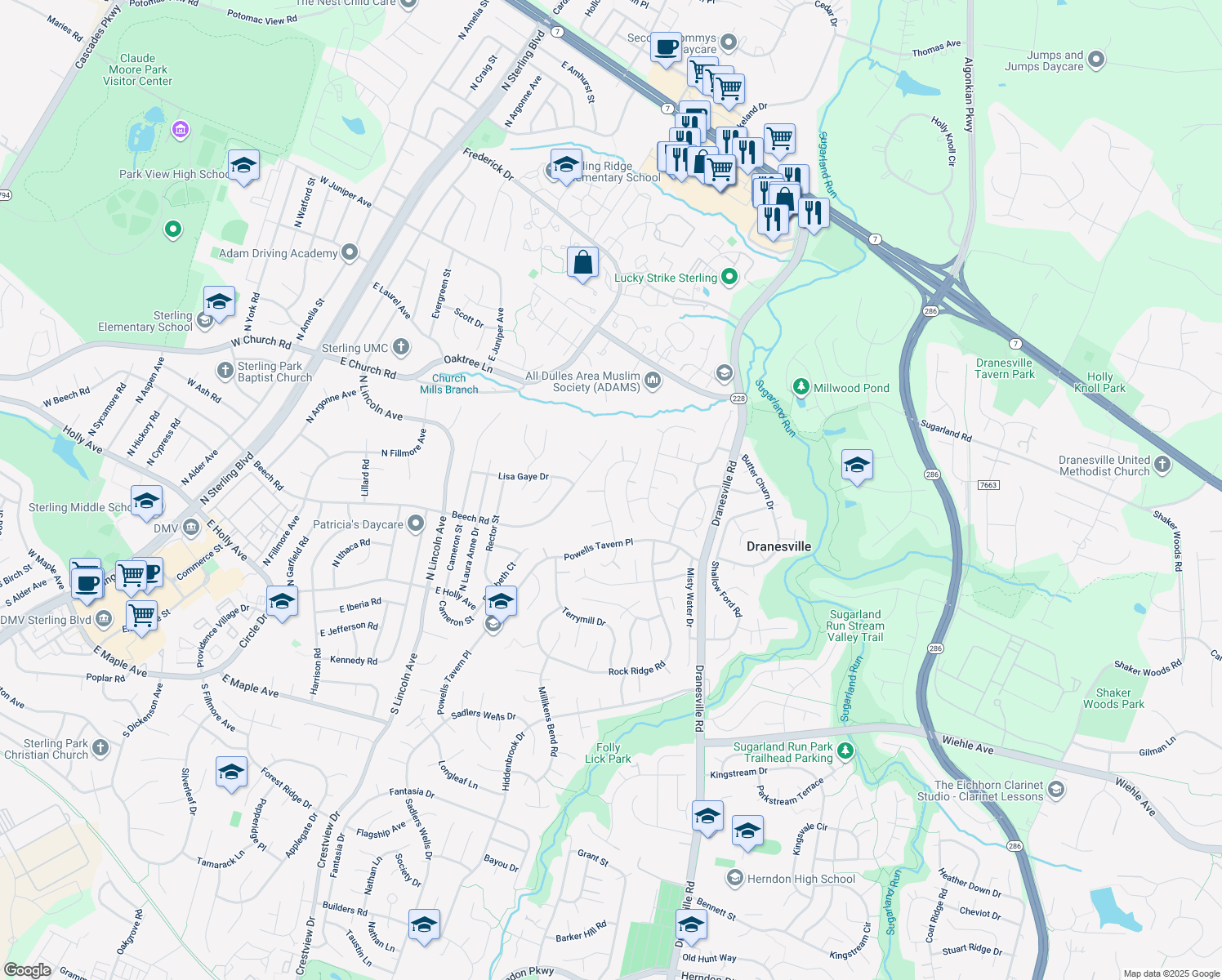 map of restaurants, bars, coffee shops, grocery stores, and more near 1277 Mason Mill Court in Herndon