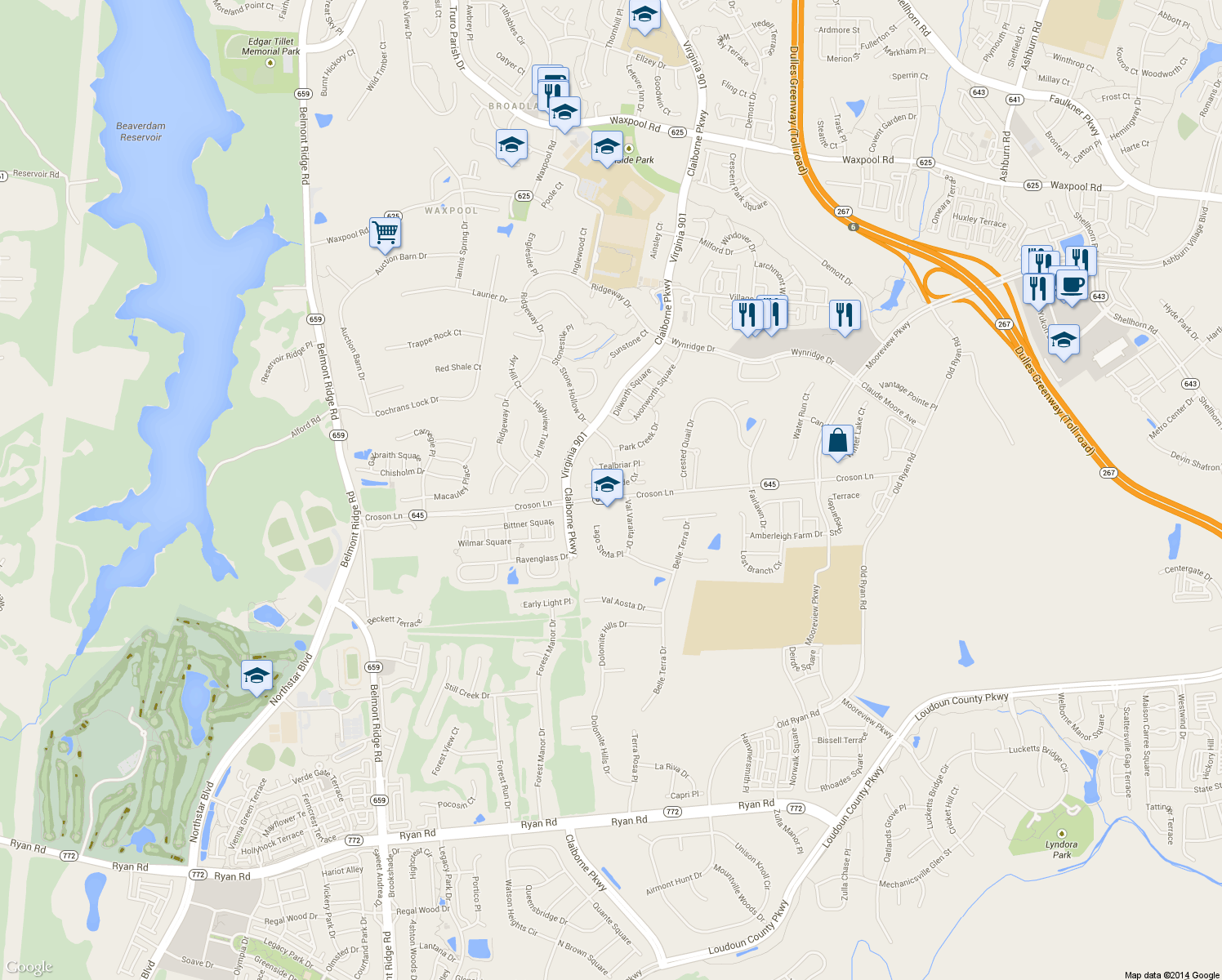 map of restaurants, bars, coffee shops, grocery stores, and more near 42961 Thornblade Circle in Ashburn
