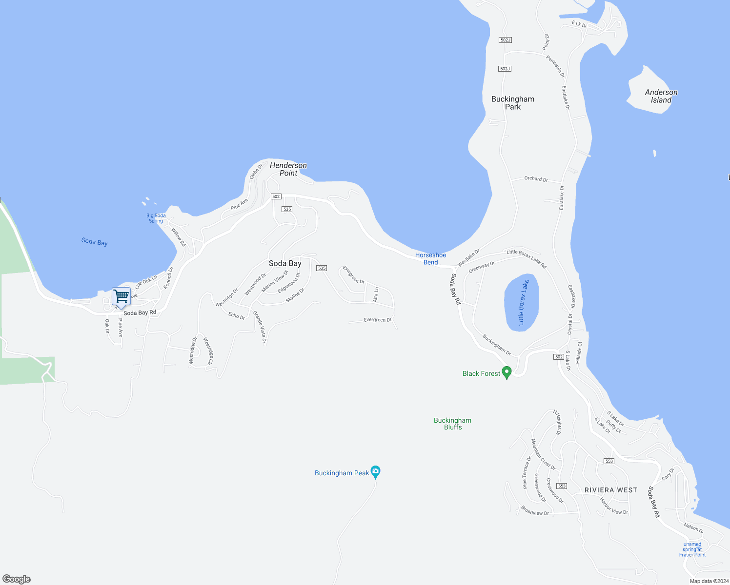 map of restaurants, bars, coffee shops, grocery stores, and more near Evergreen Drive in Lake County