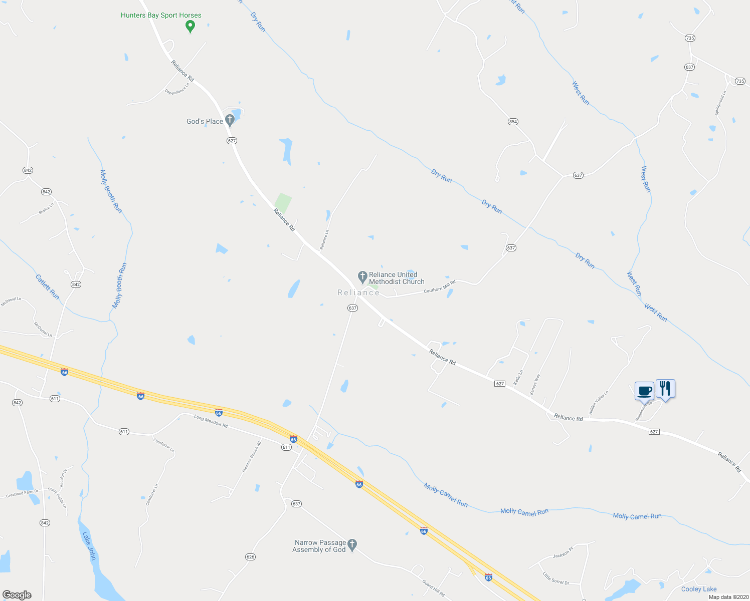 map of restaurants, bars, coffee shops, grocery stores, and more near 1655 Reliance Road in Middletown