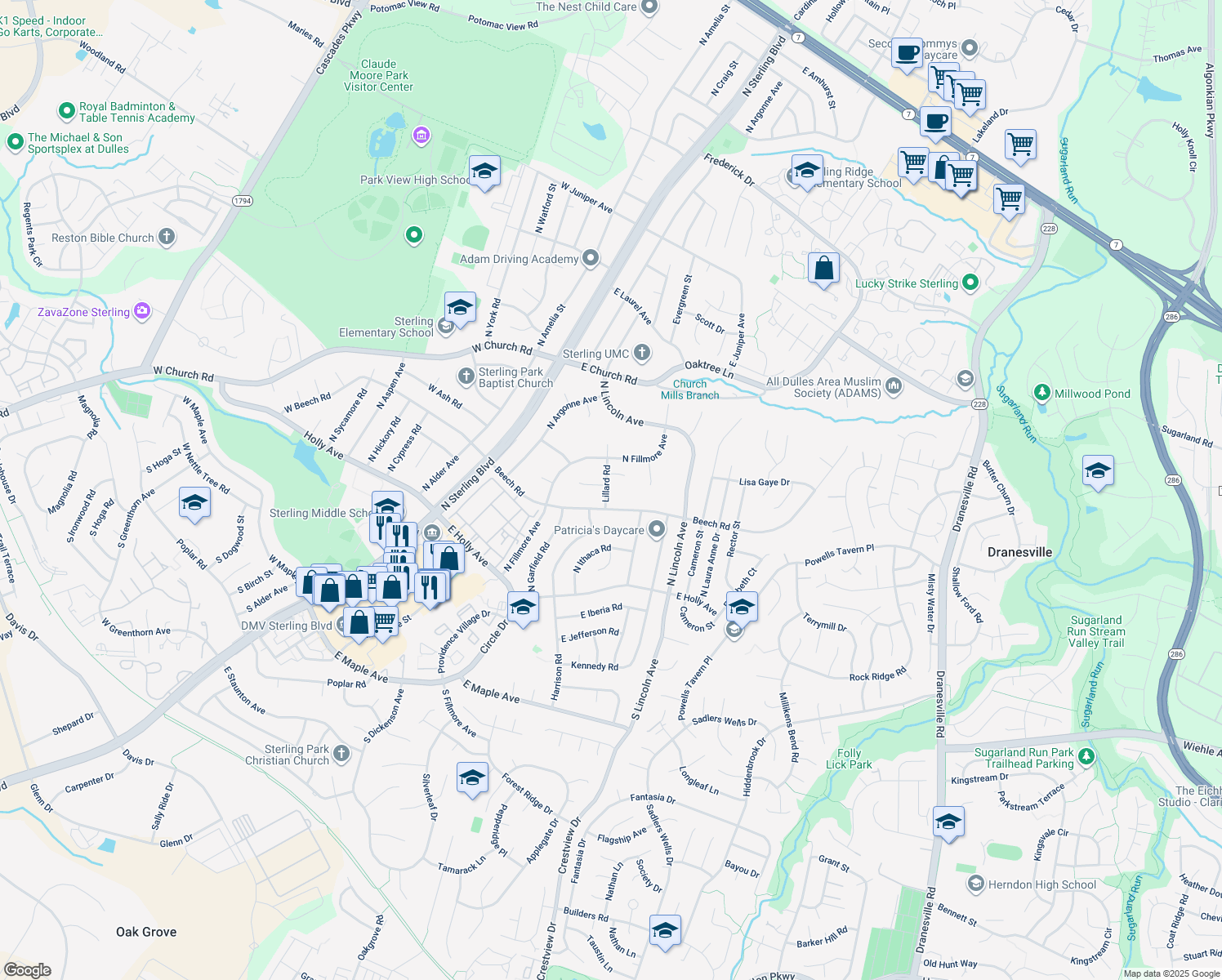 map of restaurants, bars, coffee shops, grocery stores, and more near 306 Lillard Road in Sterling