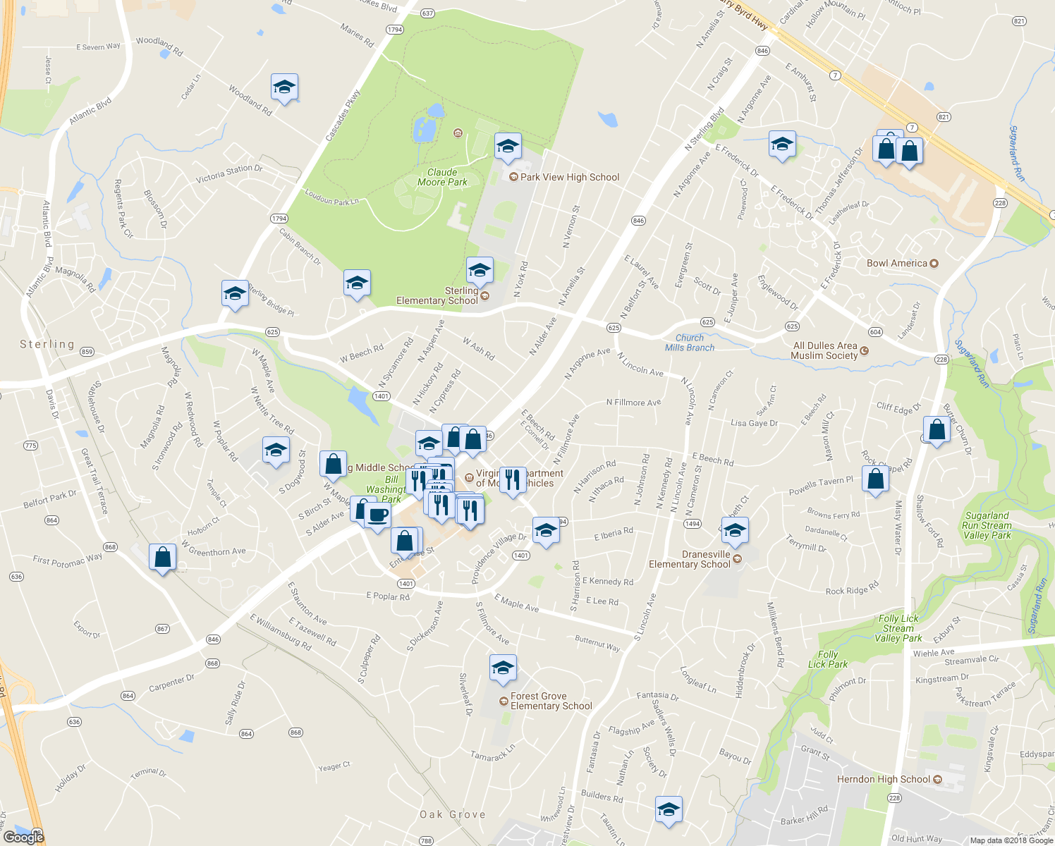 map of restaurants, bars, coffee shops, grocery stores, and more near 212 East Cornell Drive in Sterling