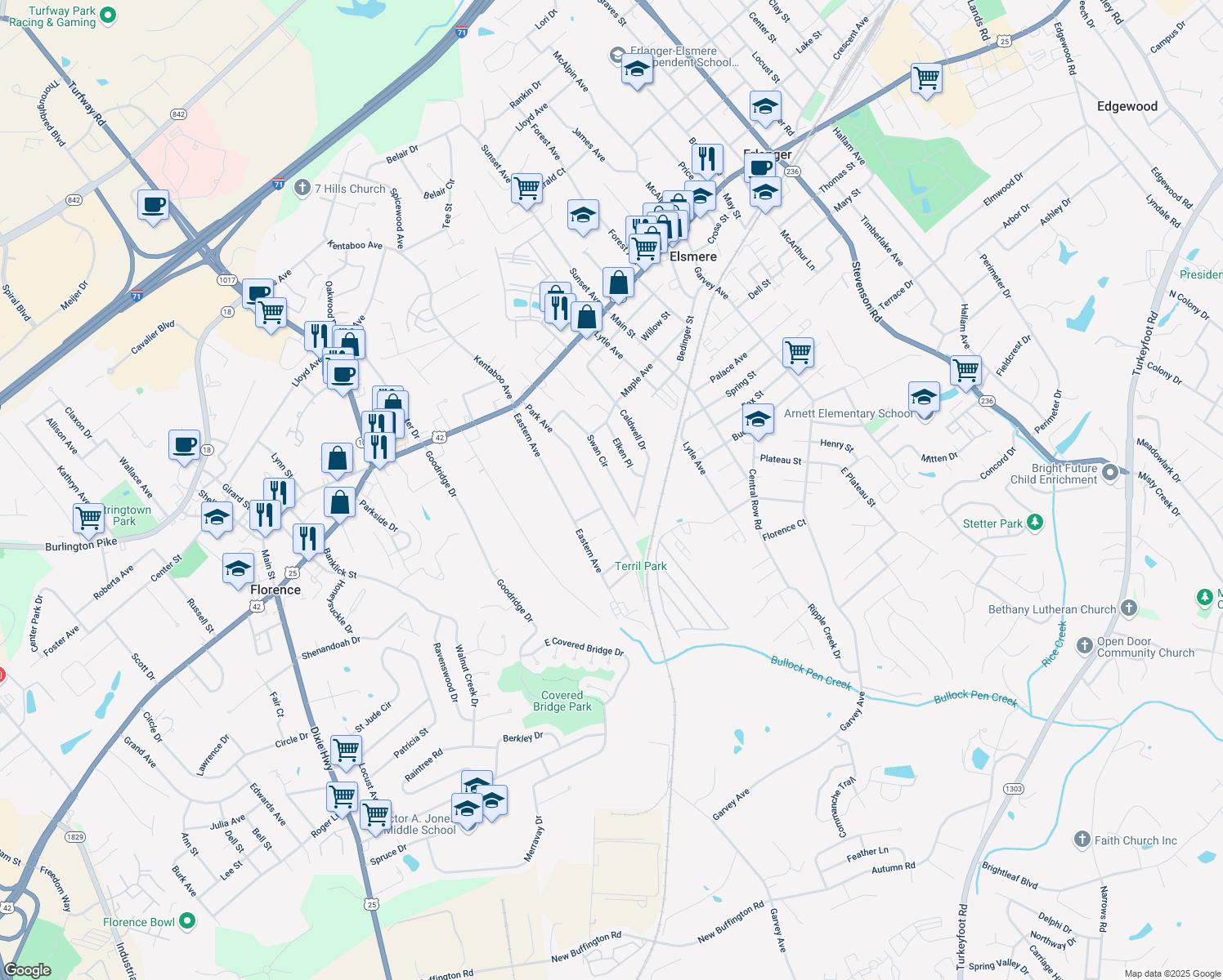 map of restaurants, bars, coffee shops, grocery stores, and more near 431 Swan Cir in Elsmere