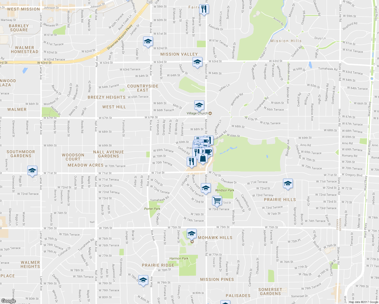 map of restaurants, bars, coffee shops, grocery stores, and more near 4120 Oxford Road in Prairie Village