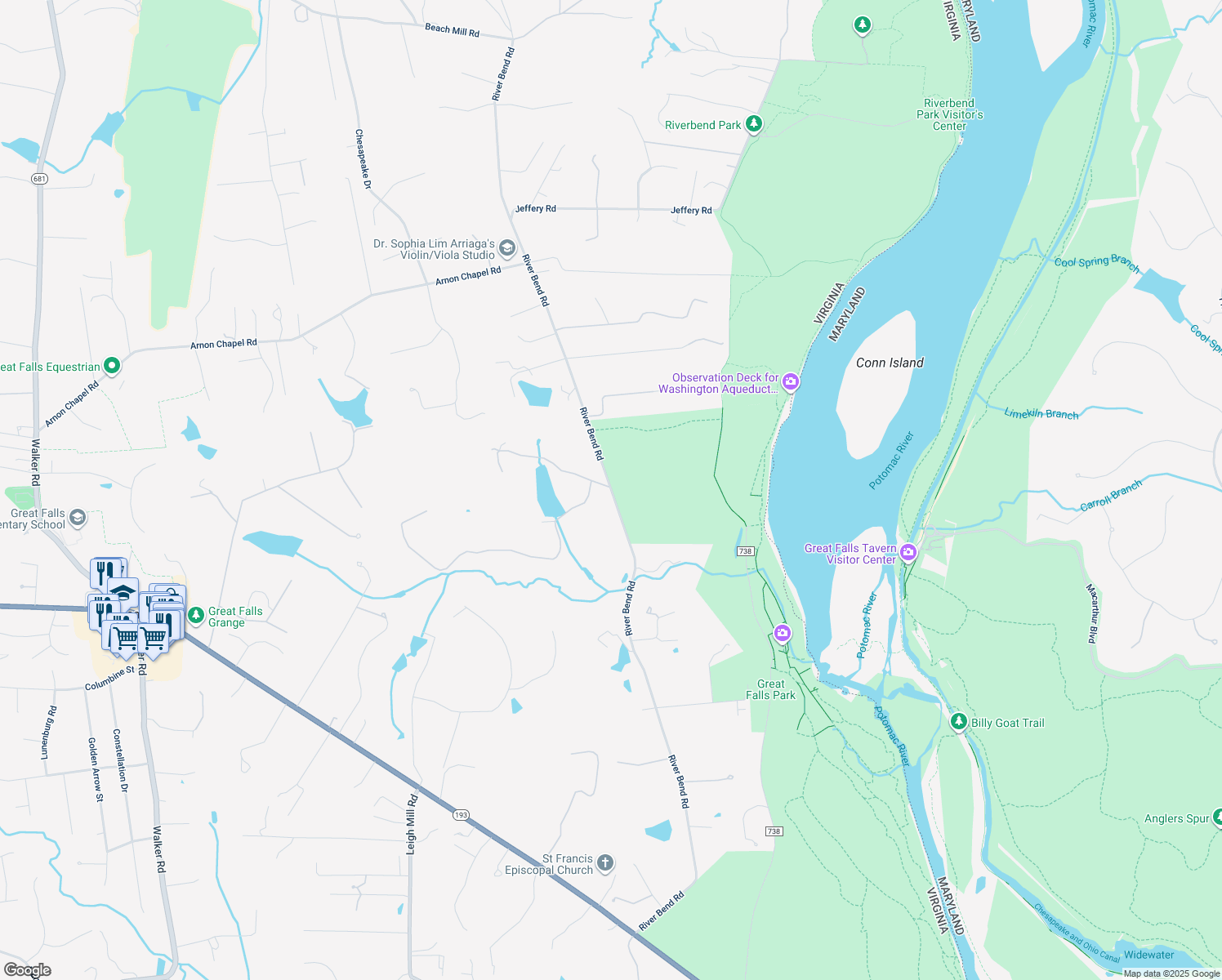 map of restaurants, bars, coffee shops, grocery stores, and more near 484 River Bend Road in Great Falls