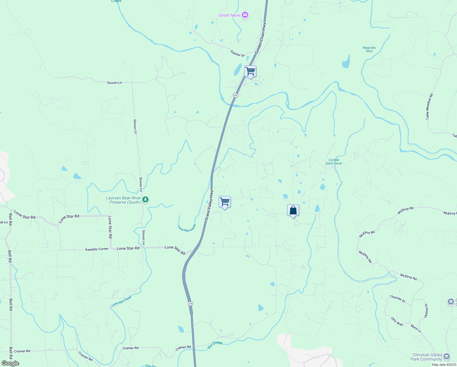 map of restaurants, bars, coffee shops, grocery stores, and more near 6470 Grass Valley Highway in Auburn