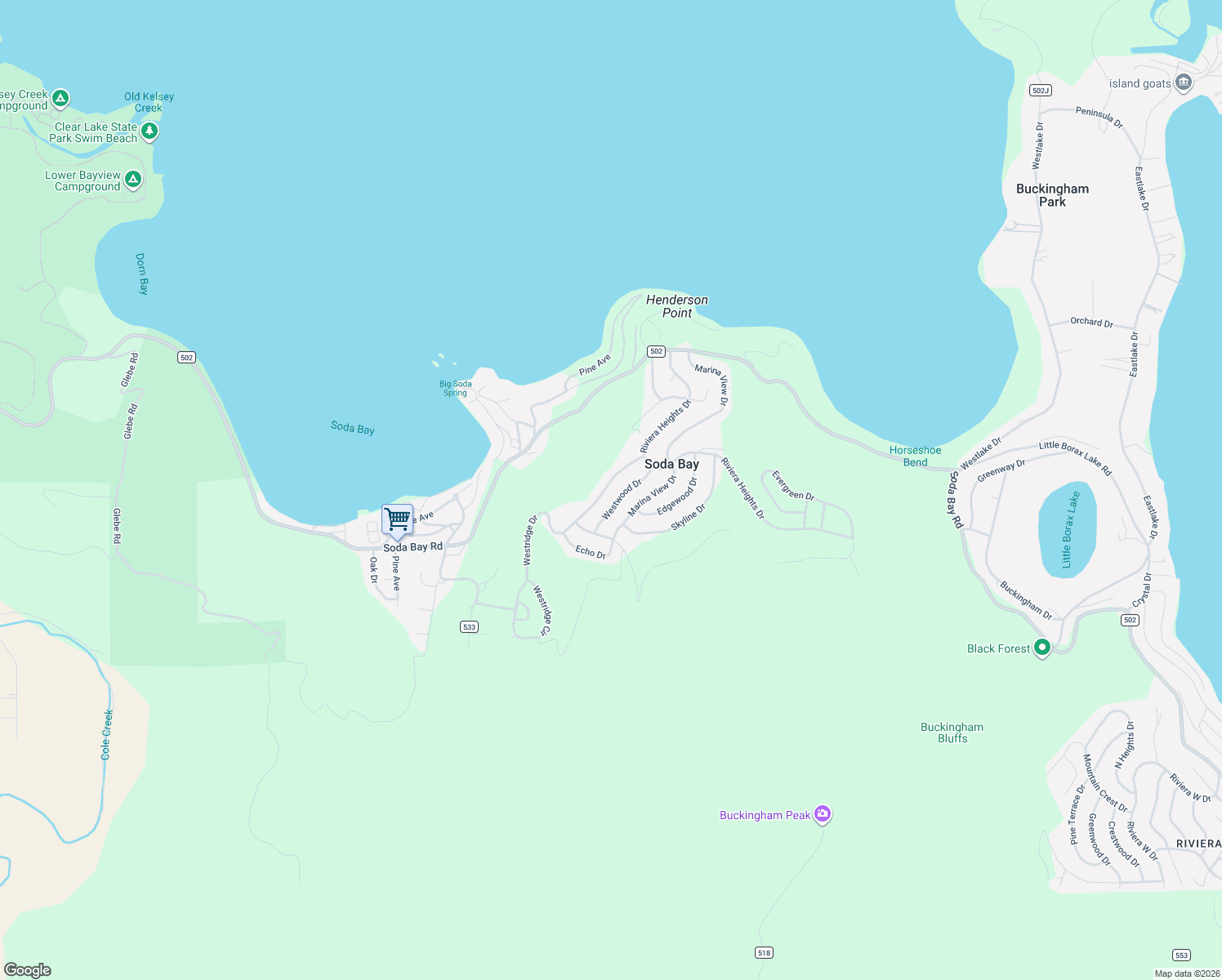 map of restaurants, bars, coffee shops, grocery stores, and more near 3136 Westridge Drive in Kelseyville