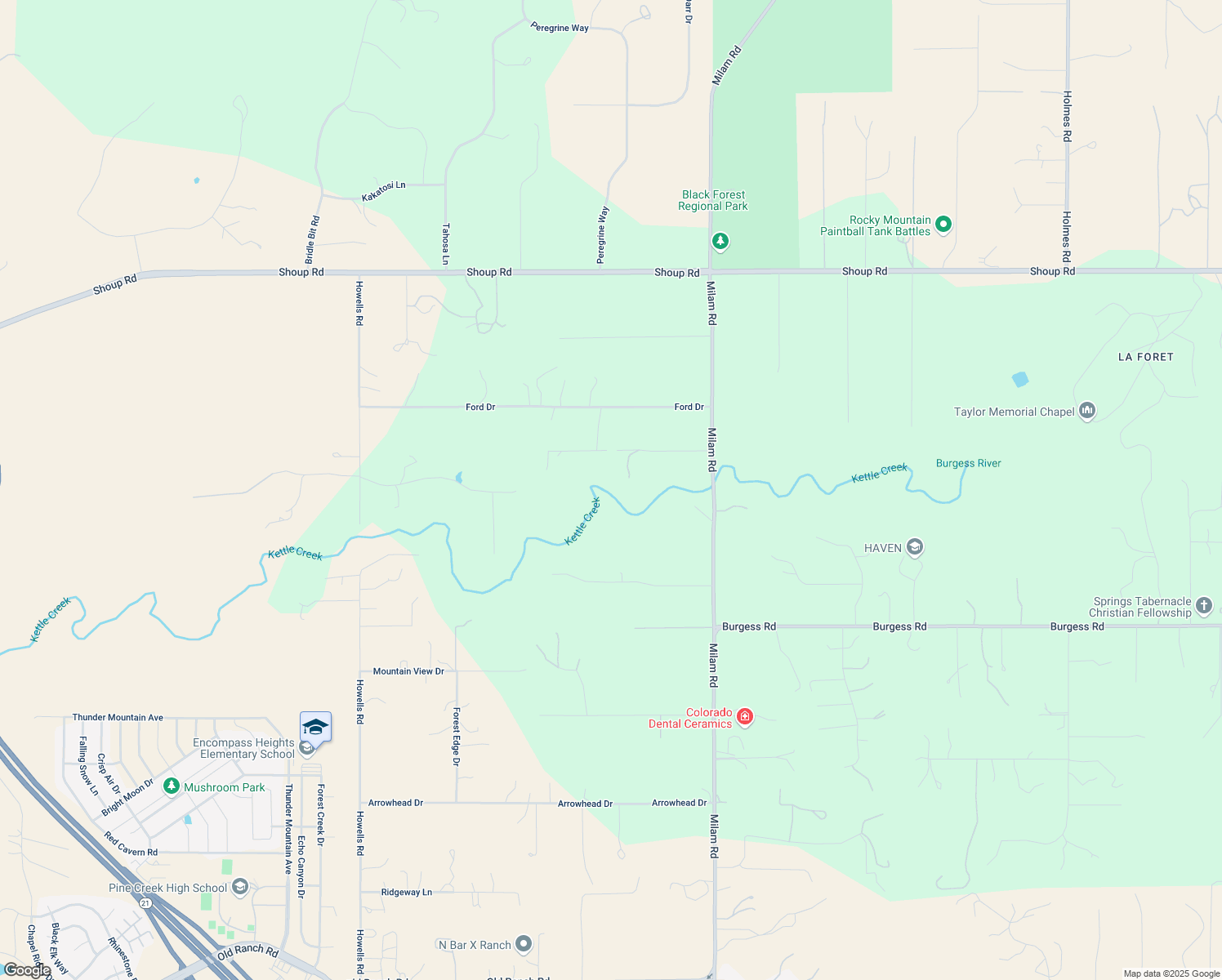map of restaurants, bars, coffee shops, grocery stores, and more near 4515 Shady Ln in Colorado Springs