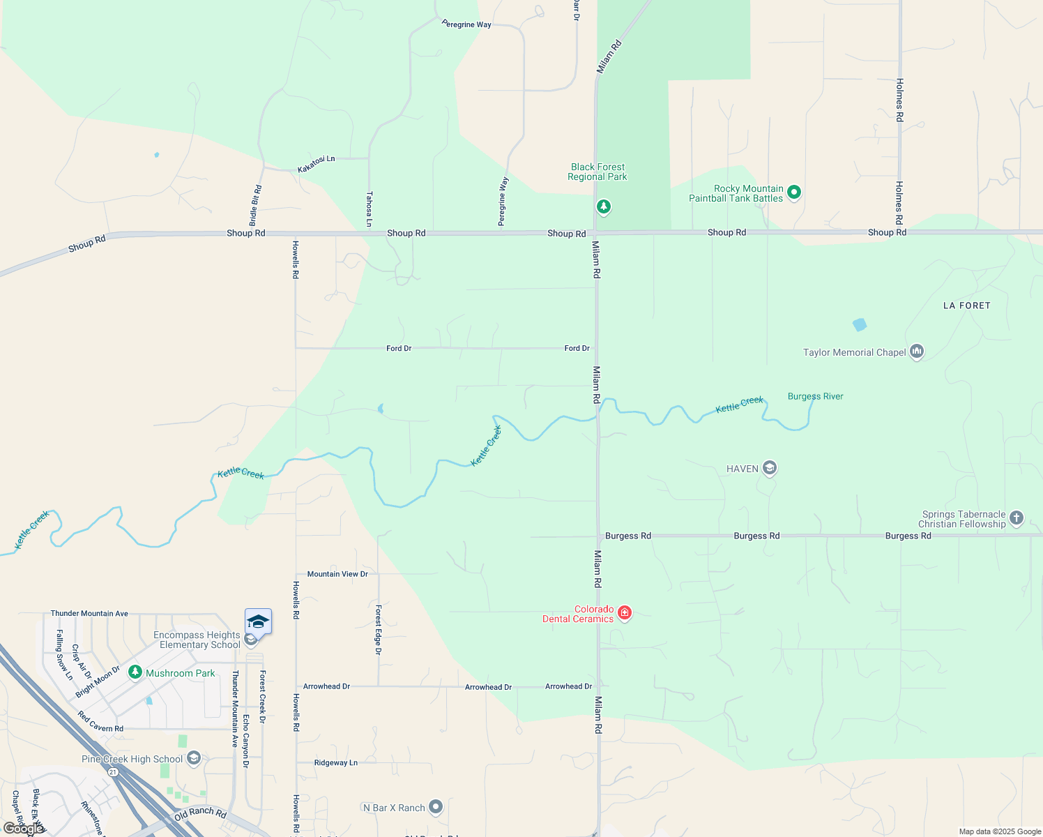 map of restaurants, bars, coffee shops, grocery stores, and more near 4515 Shady Lane in Colorado Springs