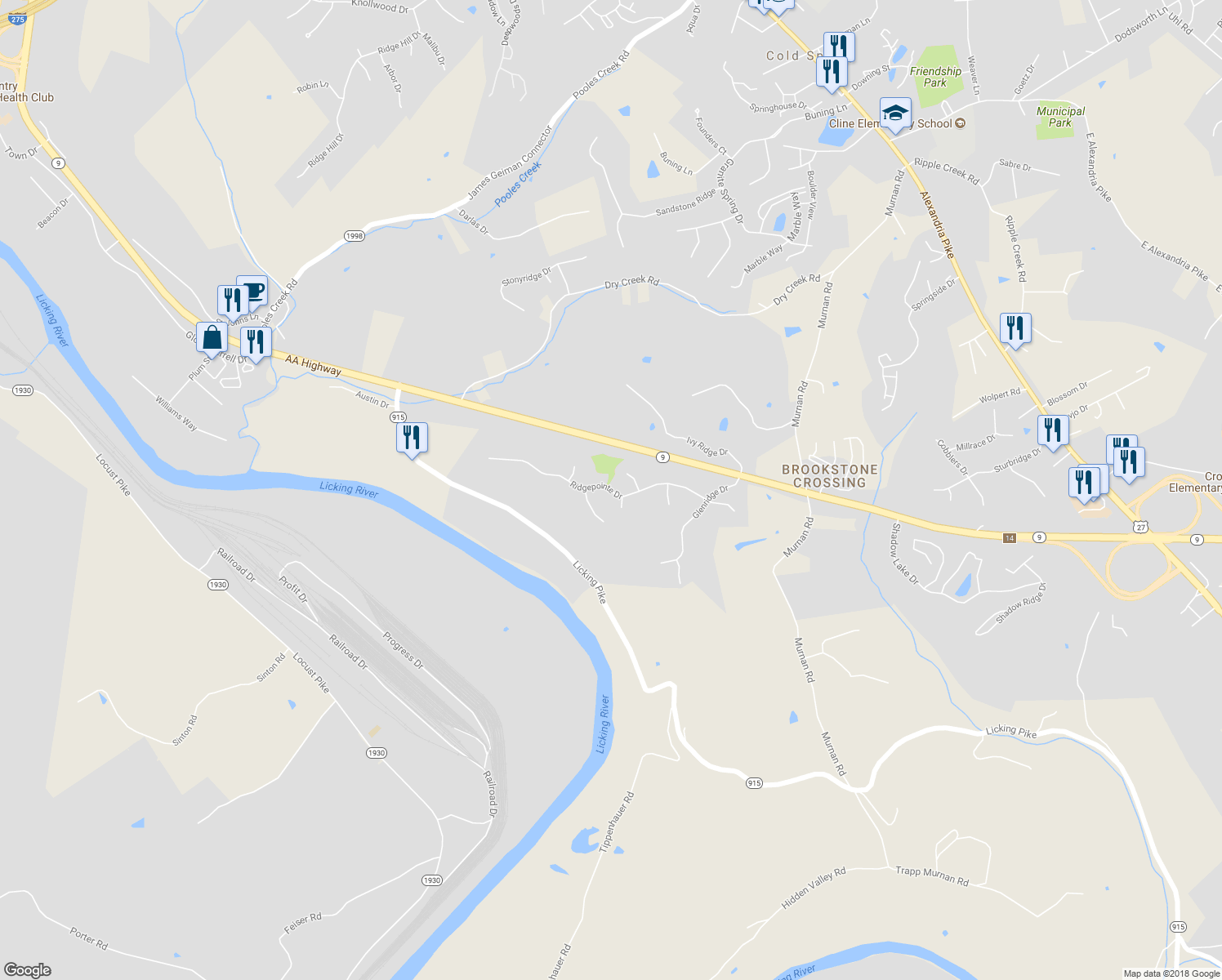 map of restaurants, bars, coffee shops, grocery stores, and more near 233 Ridgepointe Drive in Cold Spring