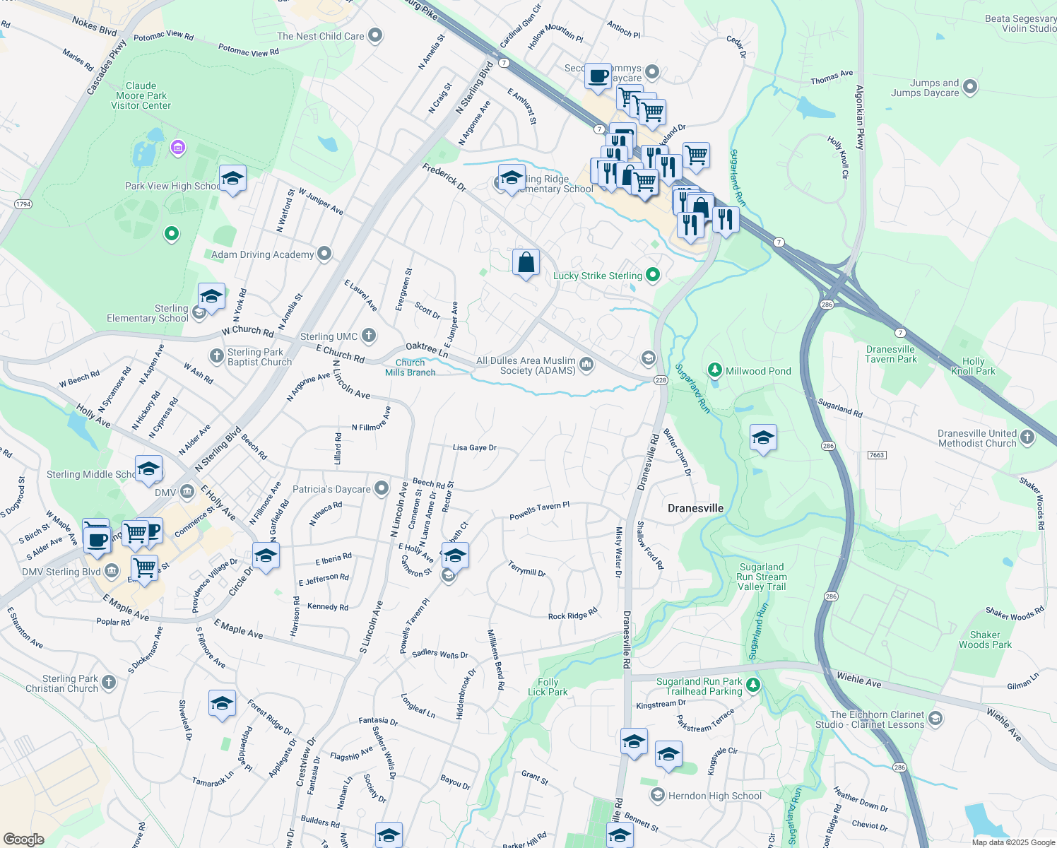 map of restaurants, bars, coffee shops, grocery stores, and more near 402 Gary Court in Sterling