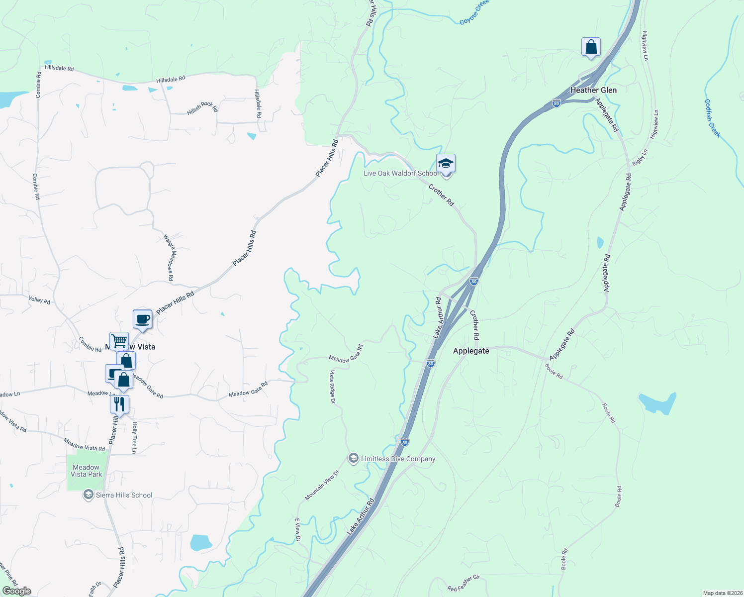 map of restaurants, bars, coffee shops, grocery stores, and more near 210 Meadow Gate Road in Meadow Vista