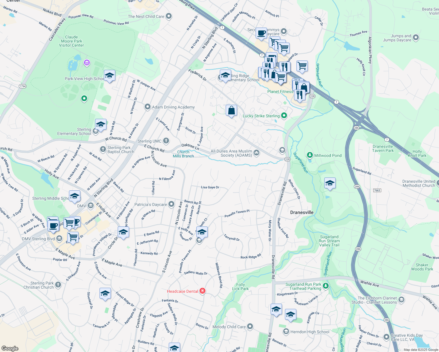 map of restaurants, bars, coffee shops, grocery stores, and more near 110 Sue Ann Court in Sterling