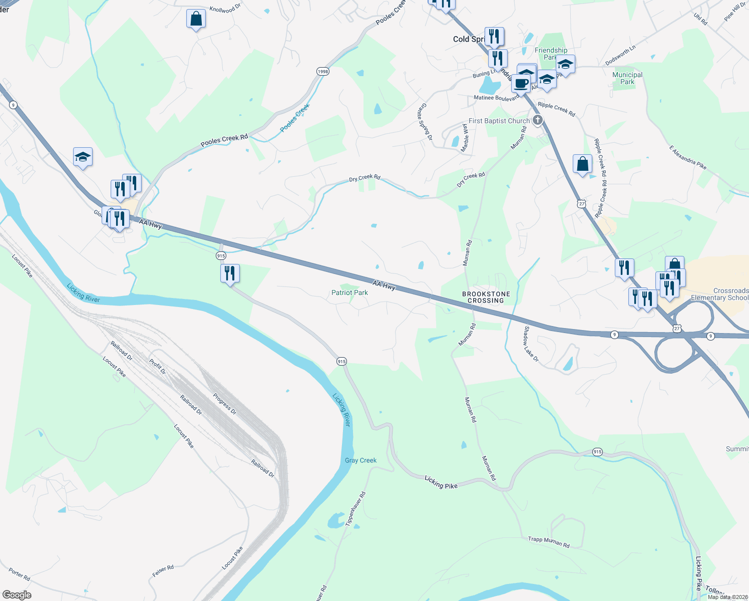 map of restaurants, bars, coffee shops, grocery stores, and more near 222 Ridgepointe Dr in Cold Spring