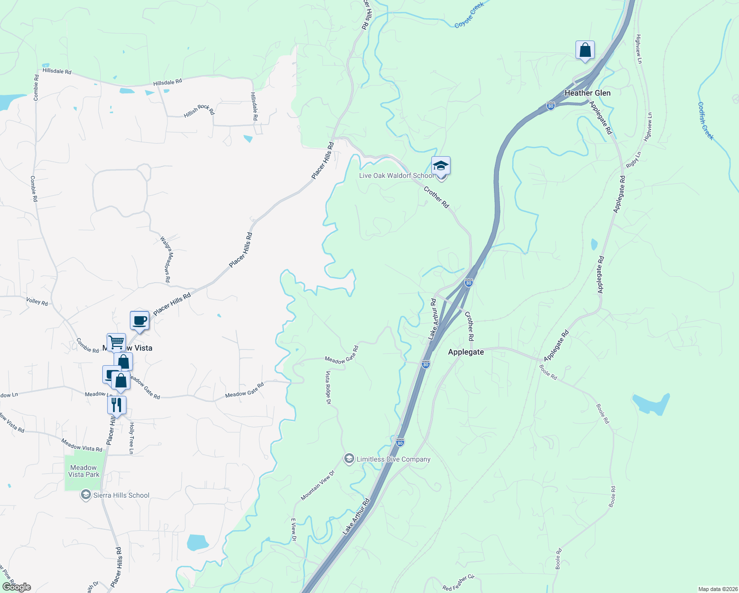 map of restaurants, bars, coffee shops, grocery stores, and more near 210 Meadow Gate Road in Meadow Vista