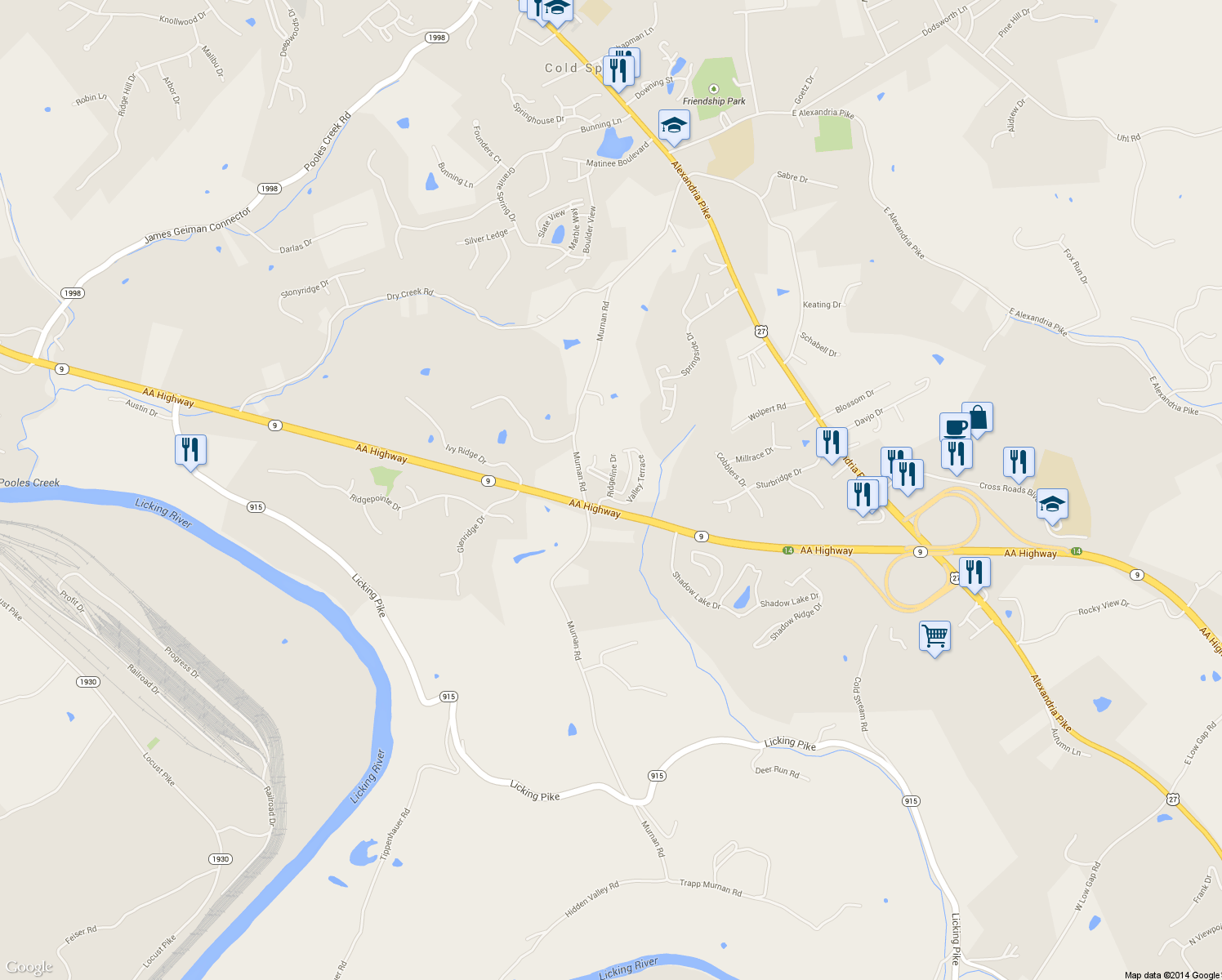 map of restaurants, bars, coffee shops, grocery stores, and more near Ridgeline Drive in Cold Spring