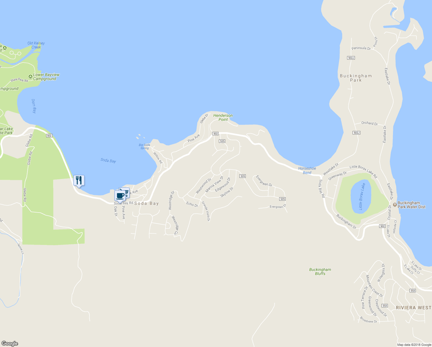 map of restaurants, bars, coffee shops, grocery stores, and more near 3006 County Road 535 in Kelseyville